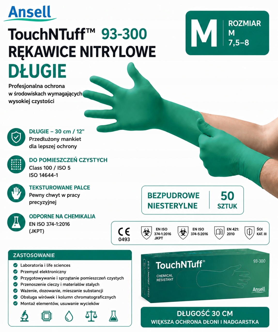 Nitrilové pracovní rukavice TouchNTuff 93-300 Zelené Long „Ansell“ 50 Ks M