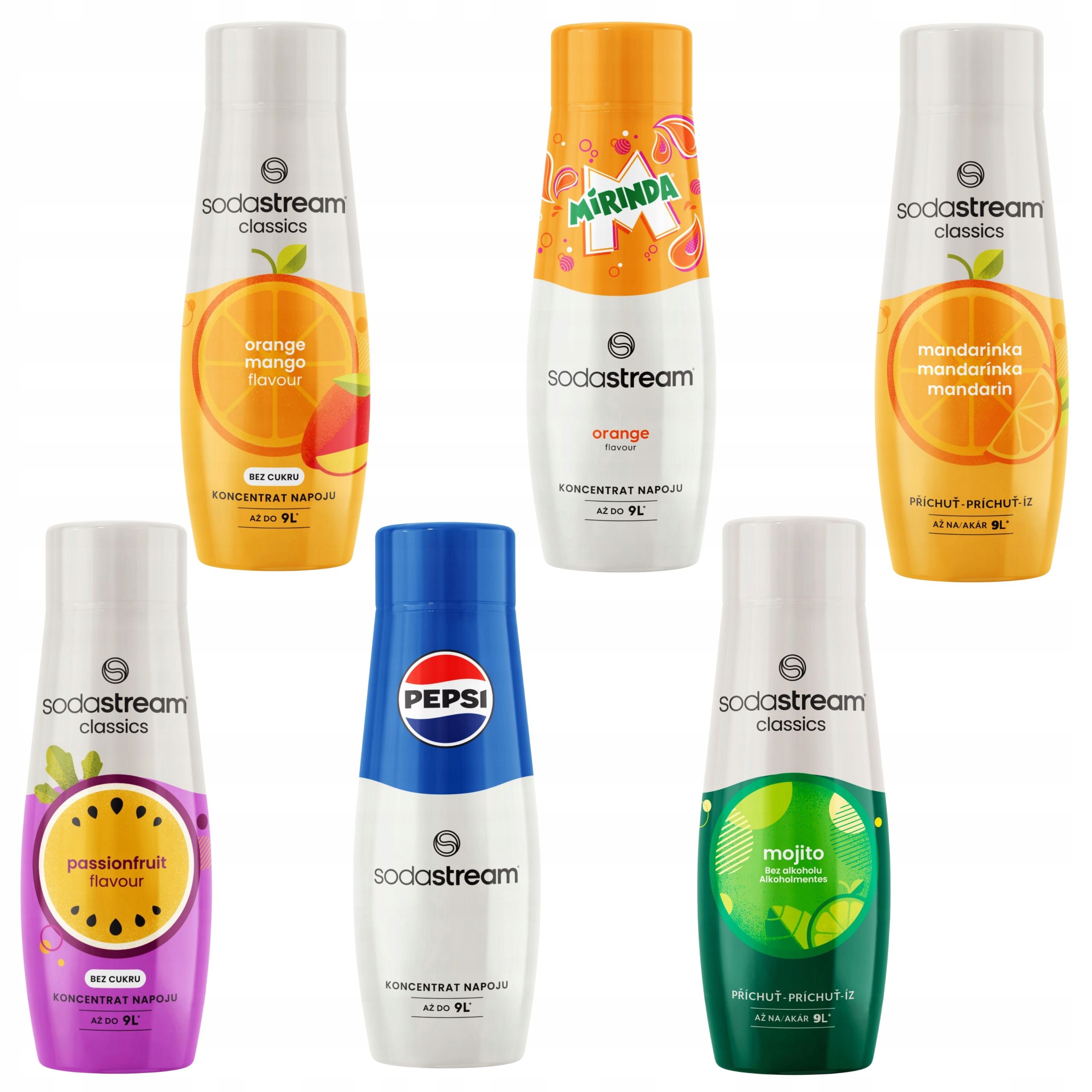 Levně 6 x Sirup Sodastream Pepsi, Mirinda, Mango, Mandarinka, Mojito, Marakuja