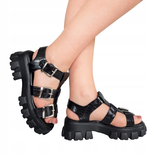 

Czarne Buty Sandały Grube Platformy Klamerki 38