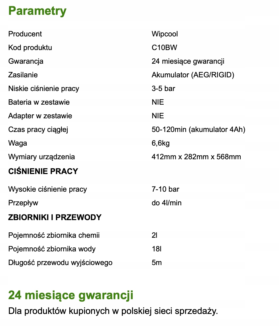 MYJKA CIŚNIENIOWA WIPCOOL WBUDOWANY ZBIORNIK C10BW Sterowanie manualne