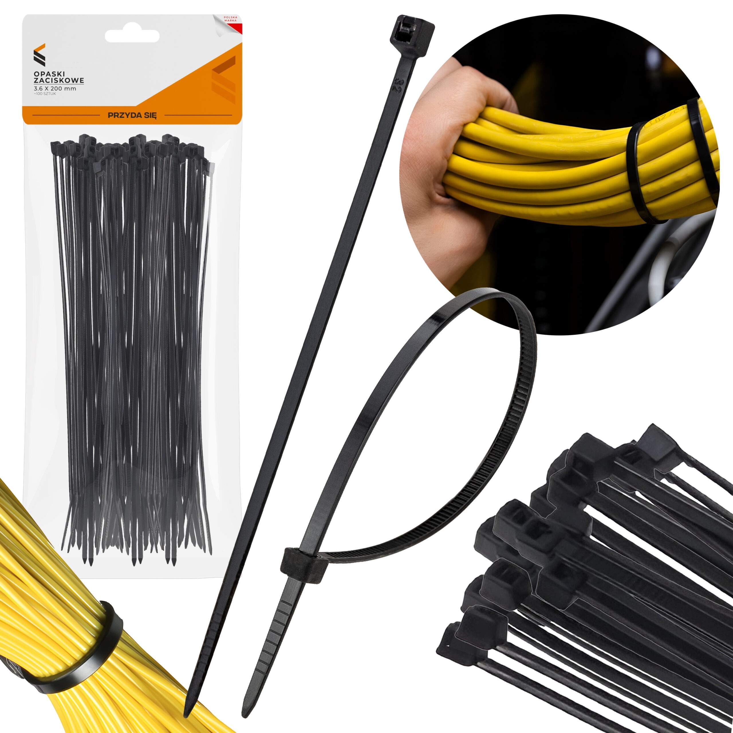 Opaski kablowe zaciskowe zipy trytki opaska czarna 3,6 x 200mm - 100szt