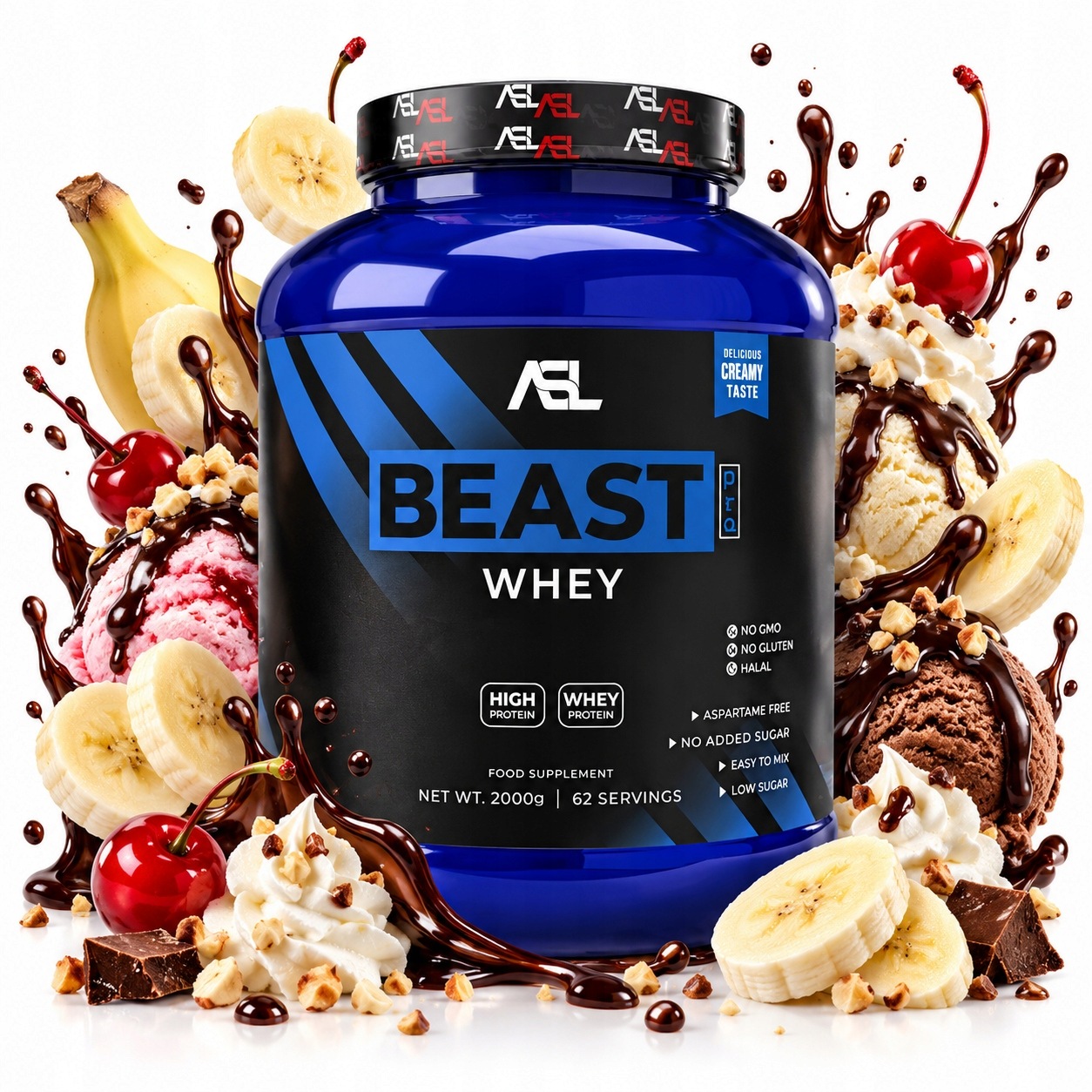 Asl All Sports Labs Beast Pro Whey 2000 g banán – jahoda – čokoláda – vanilka