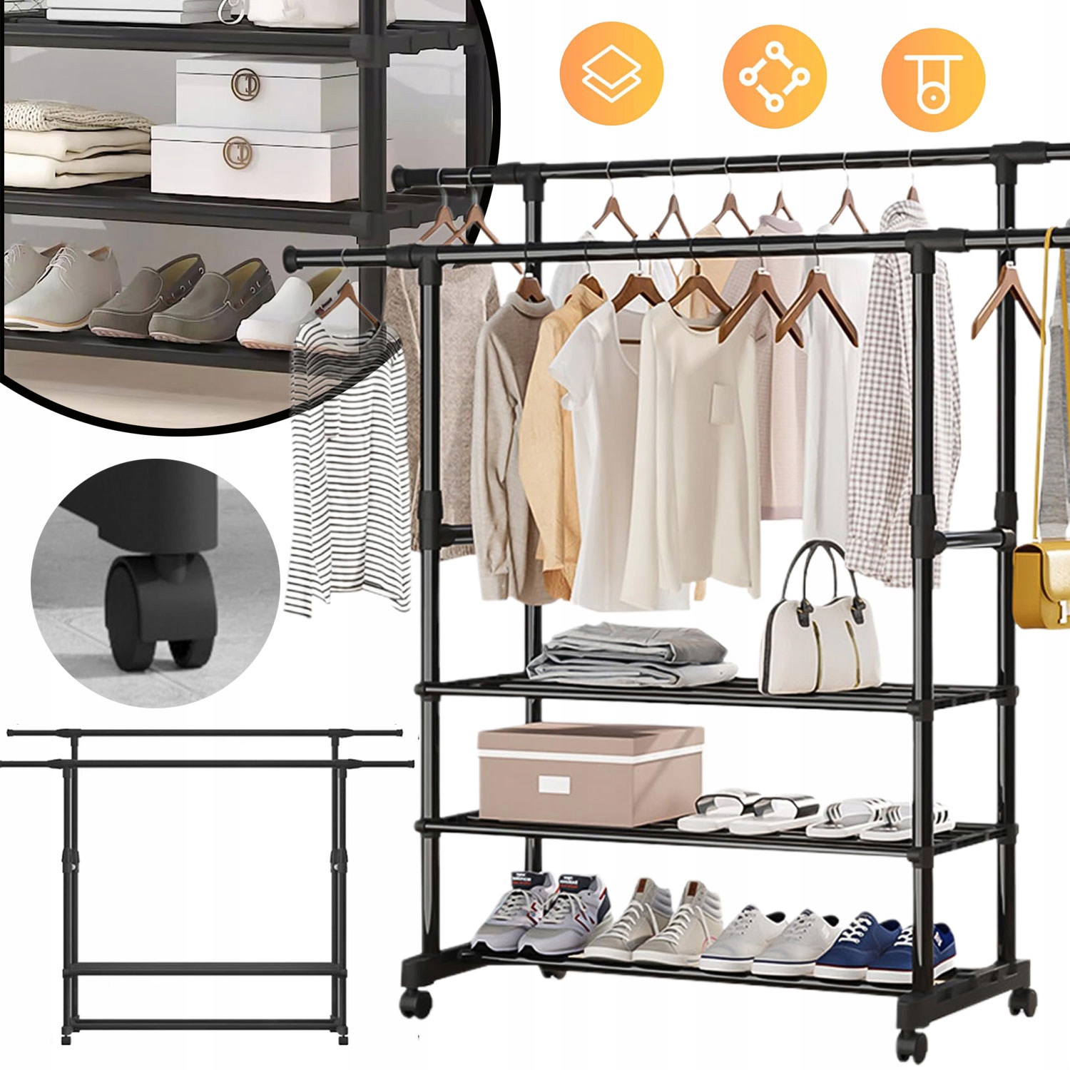 Levně Věšák Stojan Na Oblečení Na Kolečkách 3 Úrovně, Stojící Stojan Na Kolečkách