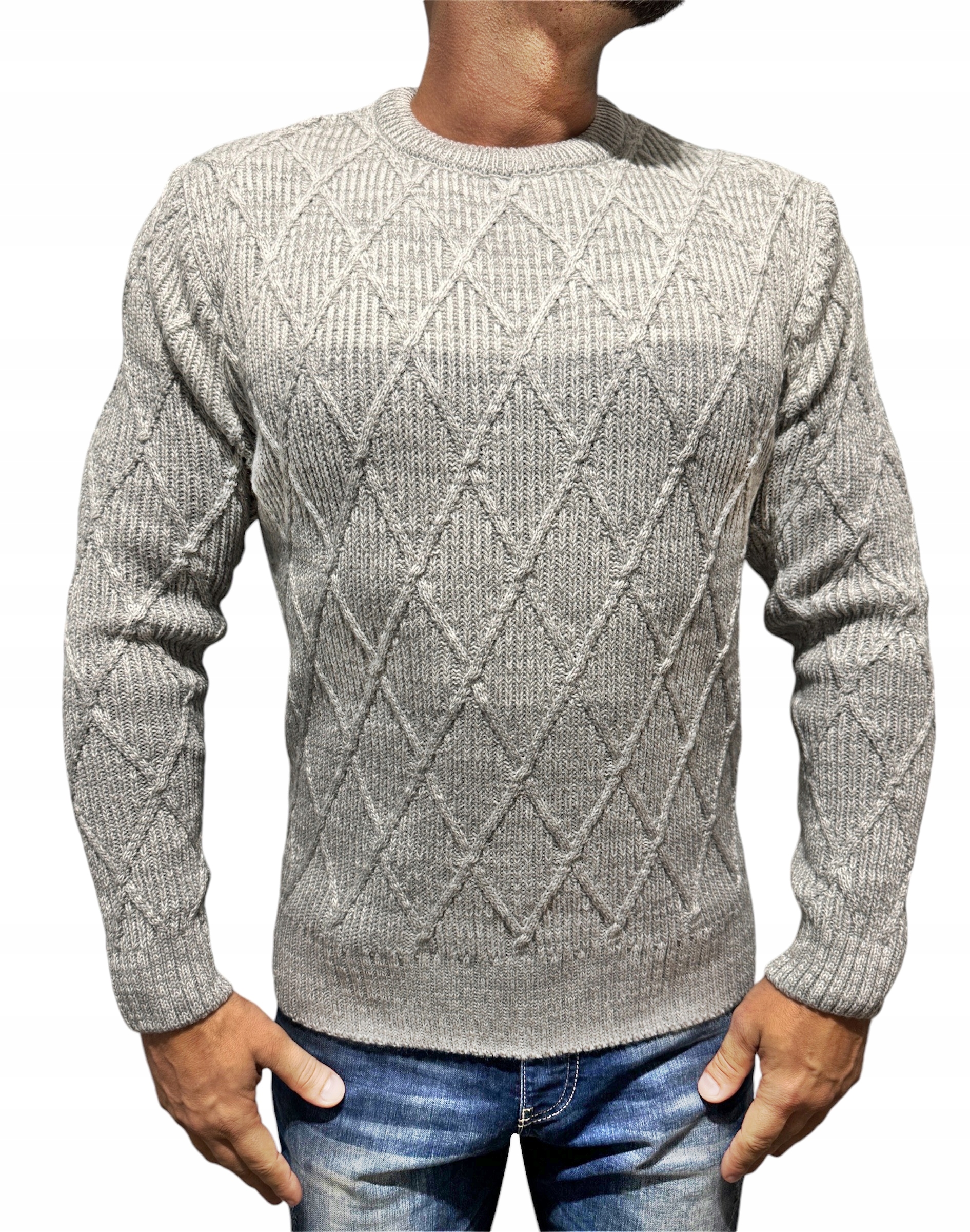 Teplý, Tlustý Pánský Ležérní Svetr Romby Ombre Šedý XL