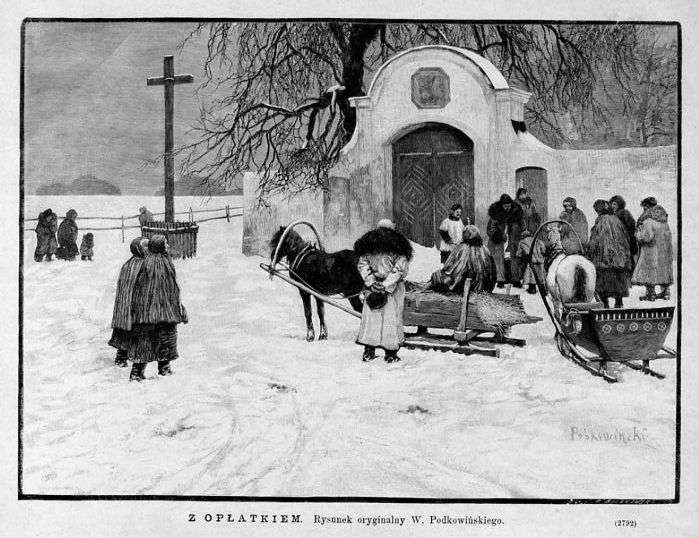 Władysław Podkowiński: Z opłatkiem. Rysunek oryginalny..., drzeworyt 1889