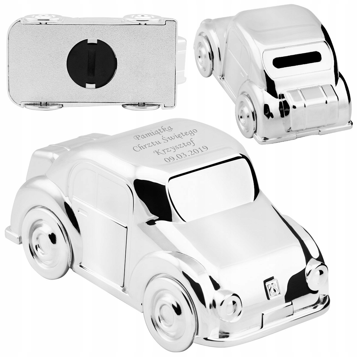Skarbonka Auto Chrzest Roczek Pamiątka z Grawerem Materiał metal