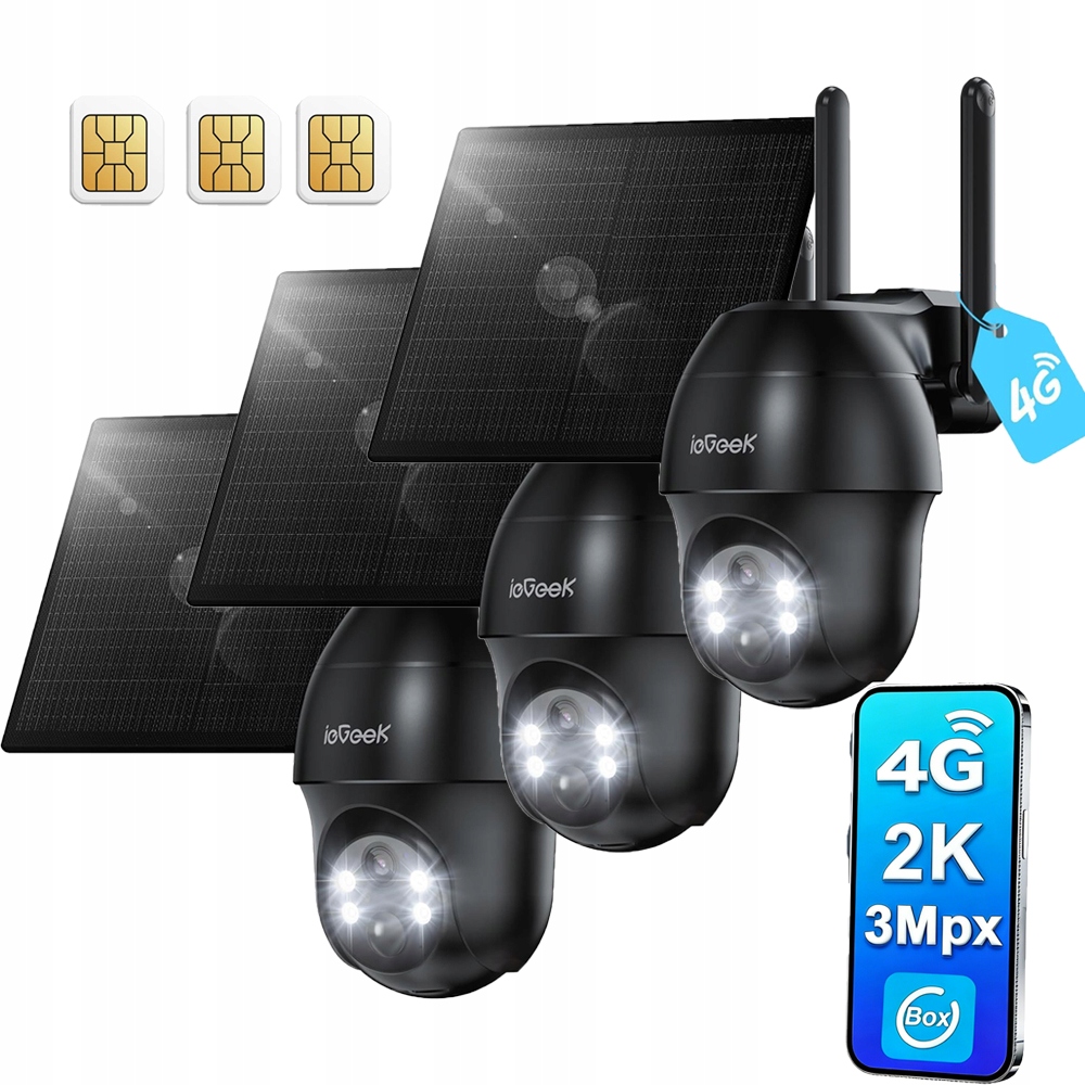 3 kusy Venkovní Solární Otočná Kamera Na Sim Kartu 4G 3MPx 4XZoom Pir