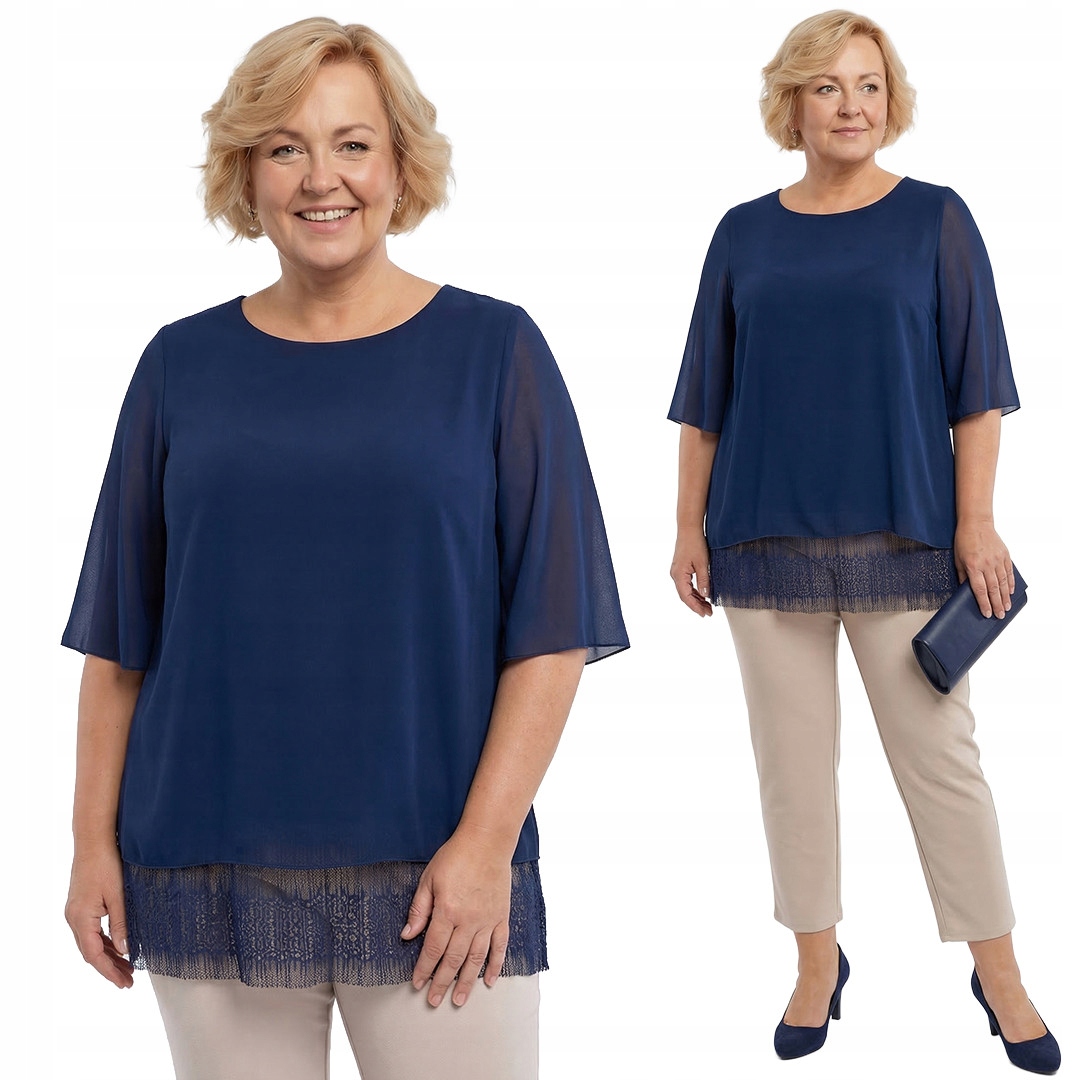 Tmavě modrá ažurová tunika s plisováním plus size velikost 54