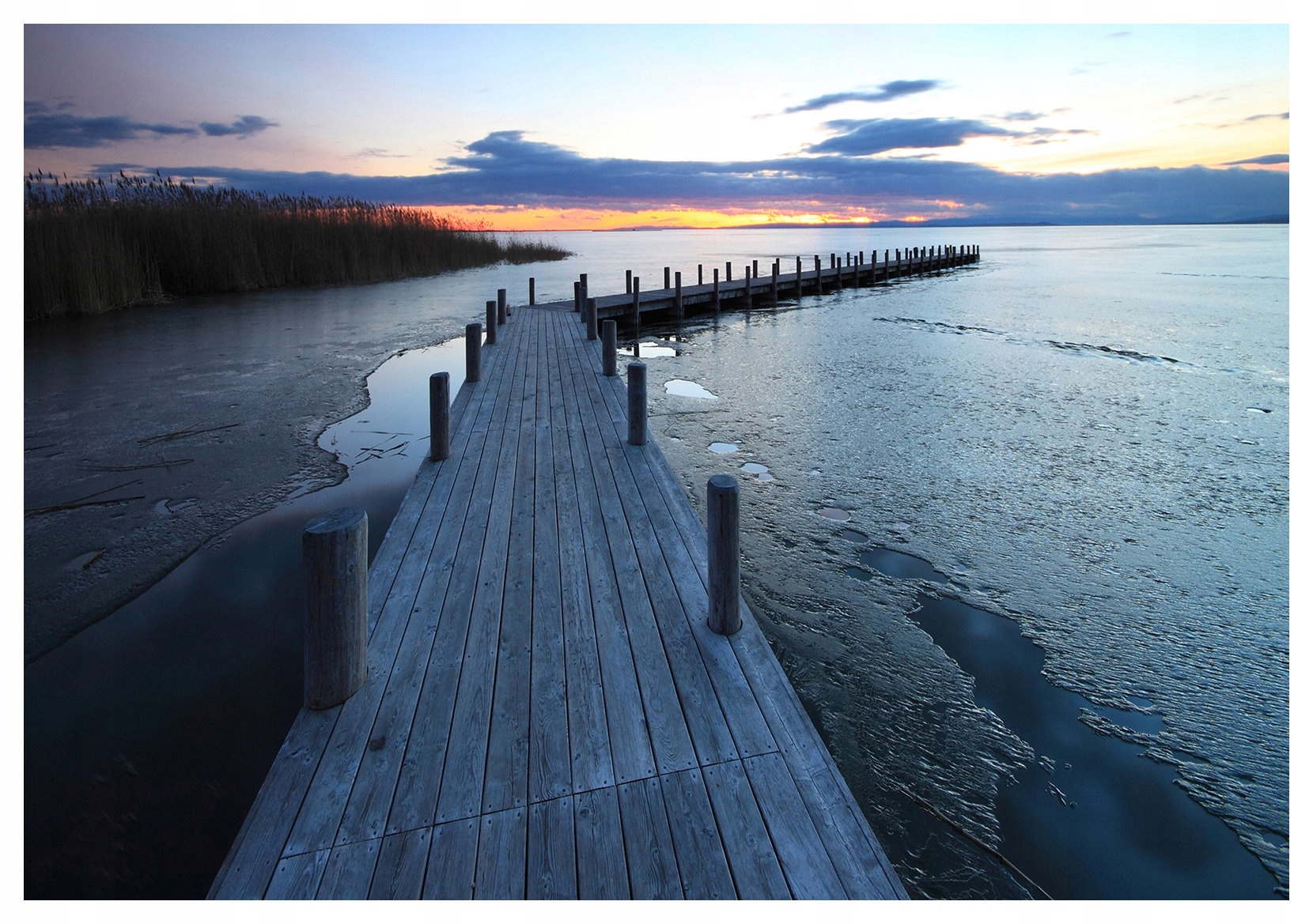 Fototapeta Západ slunce nad jezerem led ticho molo 254x184 lepidlo