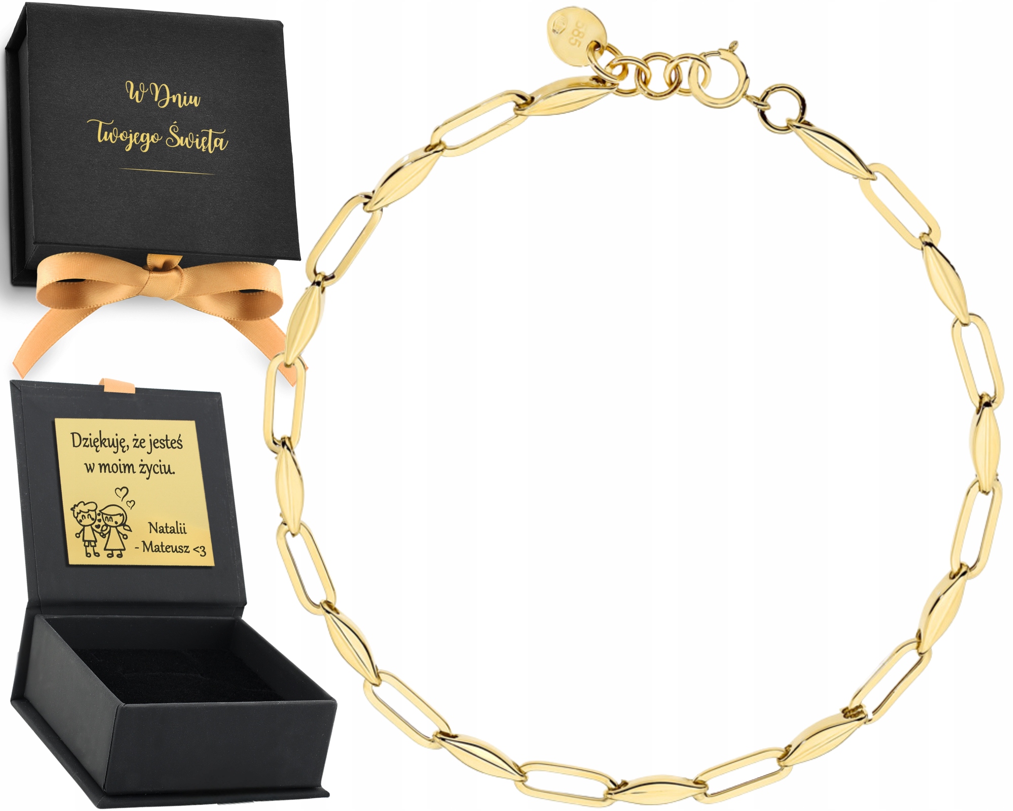 Zlatý náramek s článkem a elipsami Elegantní Moderní S Gravírováním Zlato 585