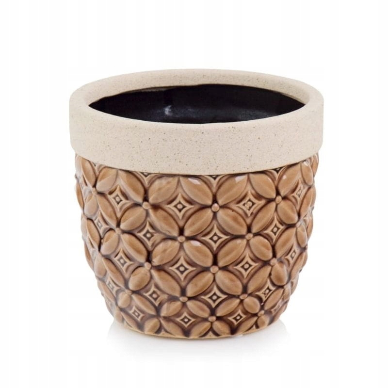 

Brązowa beżowa osłonka doniczka ceramiczna dekor