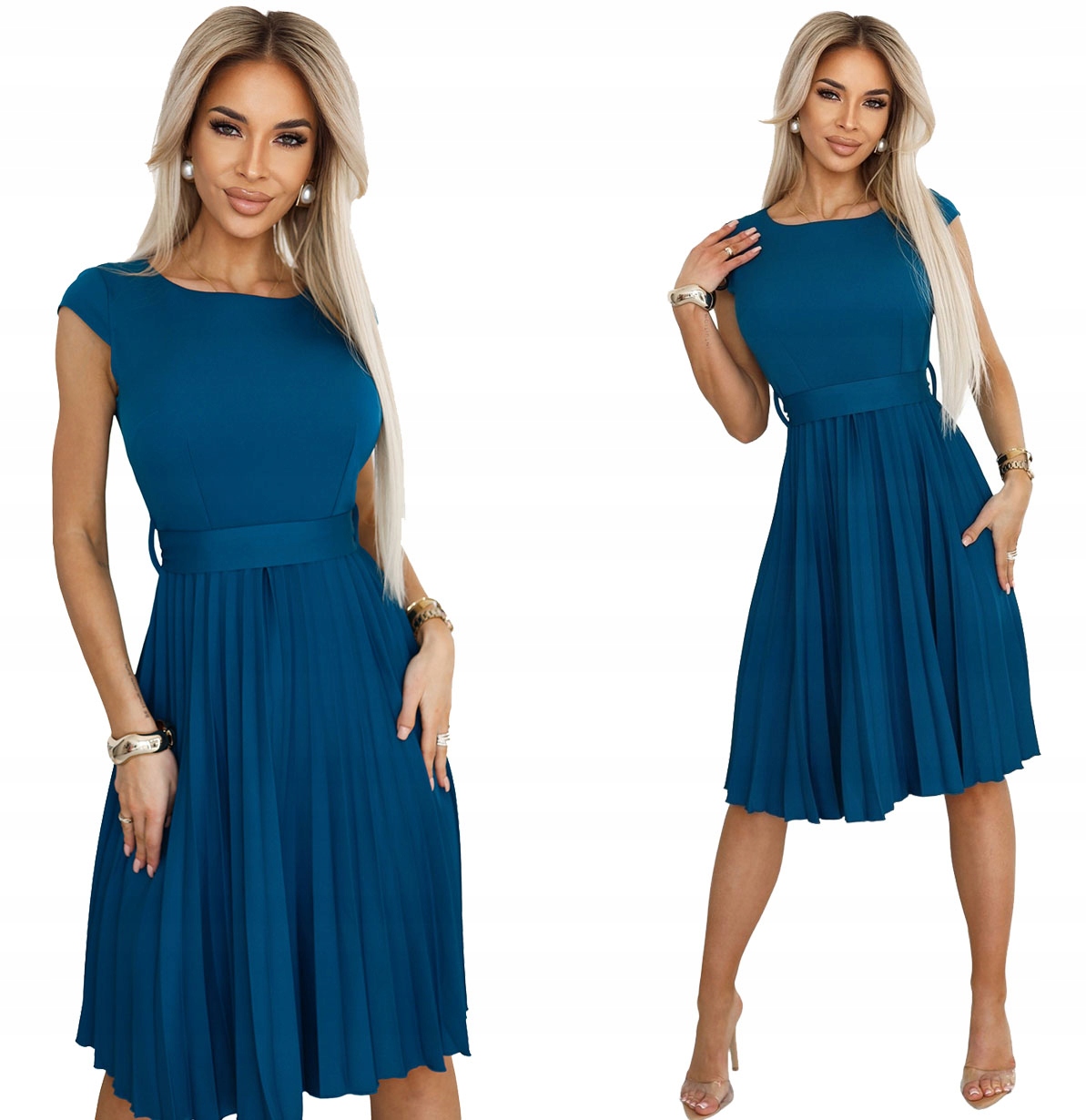 Elegantní Plisovaná Šaty S Páskem A Krátkým Rukávem, Mořská Velikost Xs