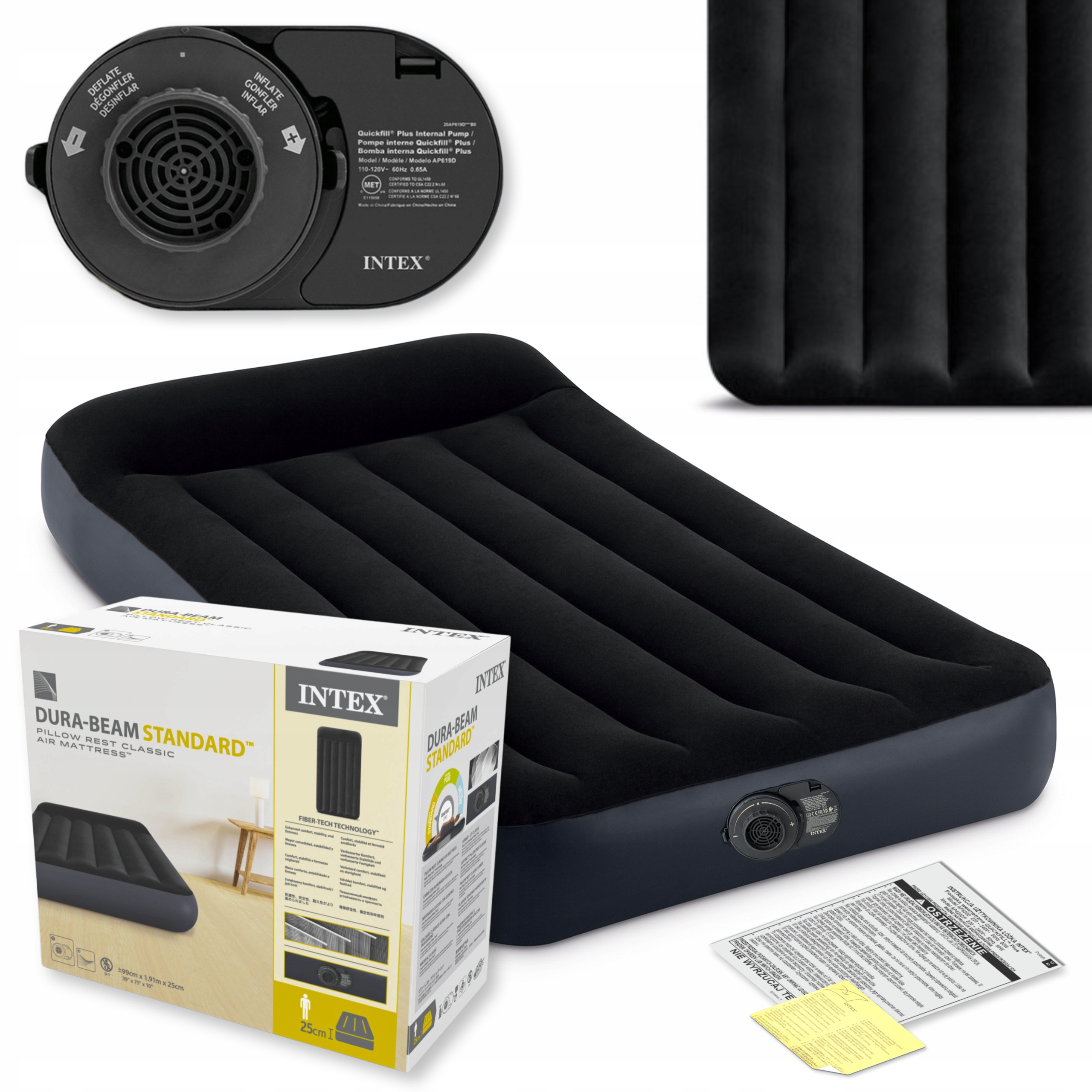 Materac Dmuchany Jednoosobowy Łóżko Intex z Pompką 230V Welurowy Model 2025