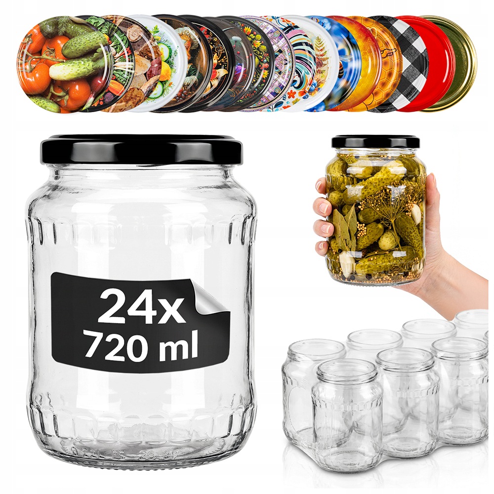 24 x Sklenice na zavařeniny okurky džemy 720 ml šroubovací uzávěry pro pasterizaci