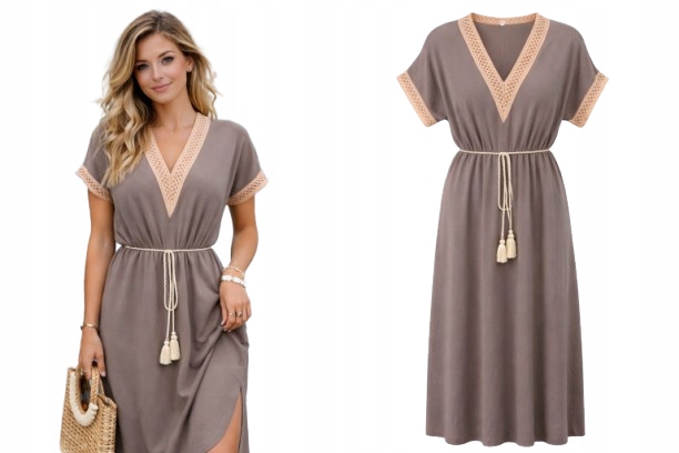 Sukienka MIDI Zwiewna Luźna Sukienka V dekolt Koronka pasek 963