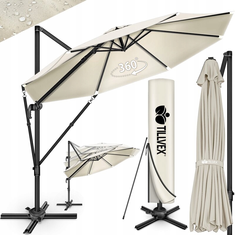 Zahradní Slunečník Tillvex 330 CM 360° Klika UV50 Kryt Béžový