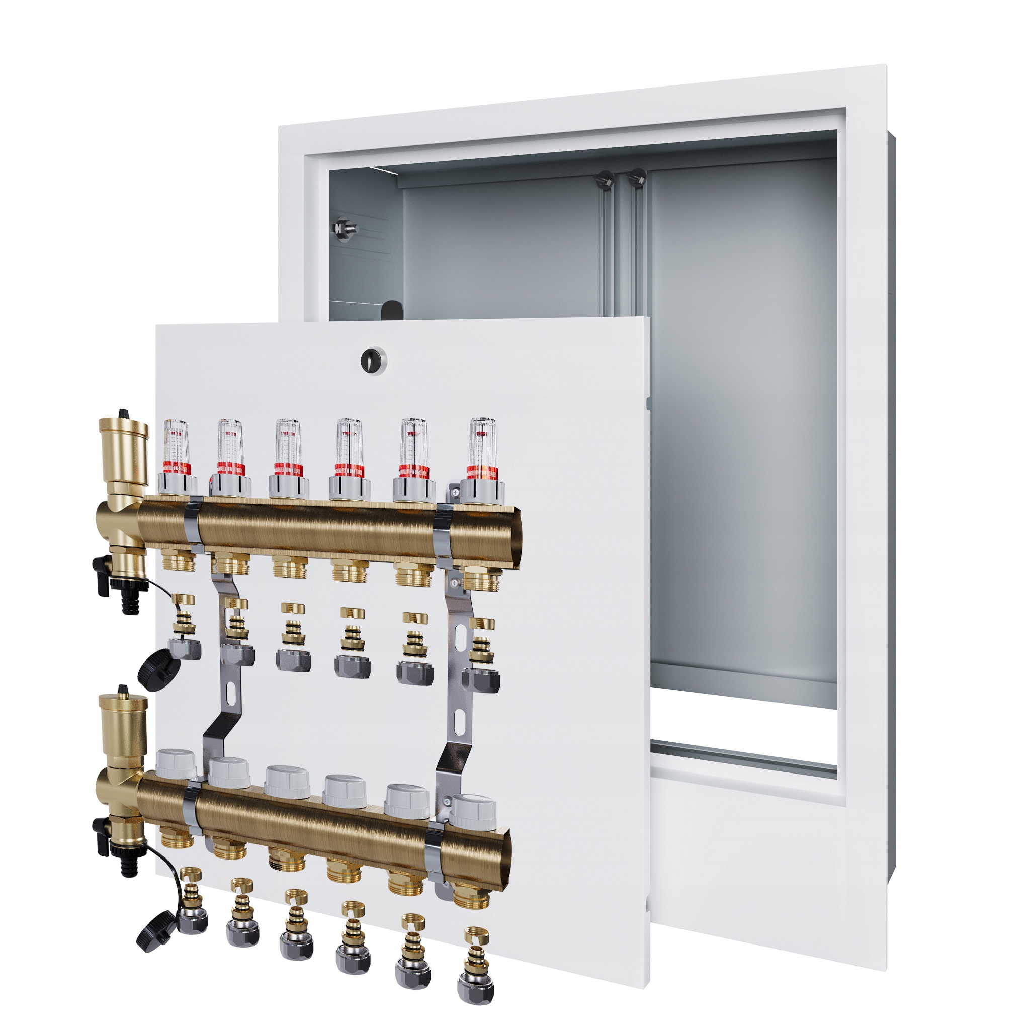 Rozdělovač pro podlahové topení 6 s podomítkovou skříňkou a spojkou Pex