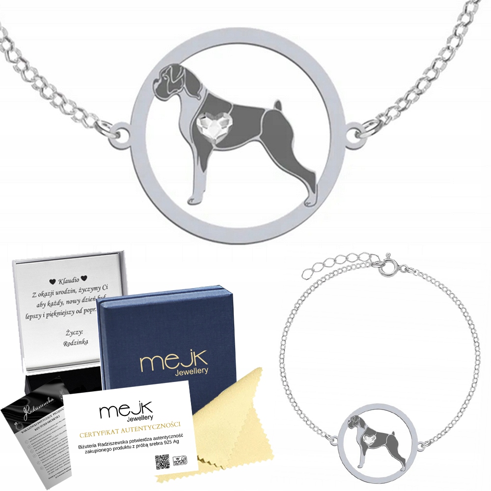 Stříbrný náramek s boxerským psem 925 Řetízek Šperky Gravírování Bonus
