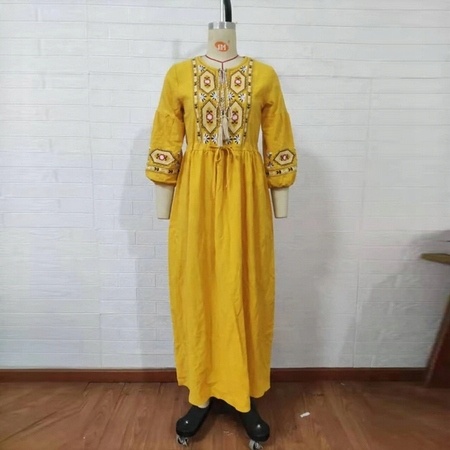 

Sukienka Haftowana Boho Etno Bawełniana Żółta