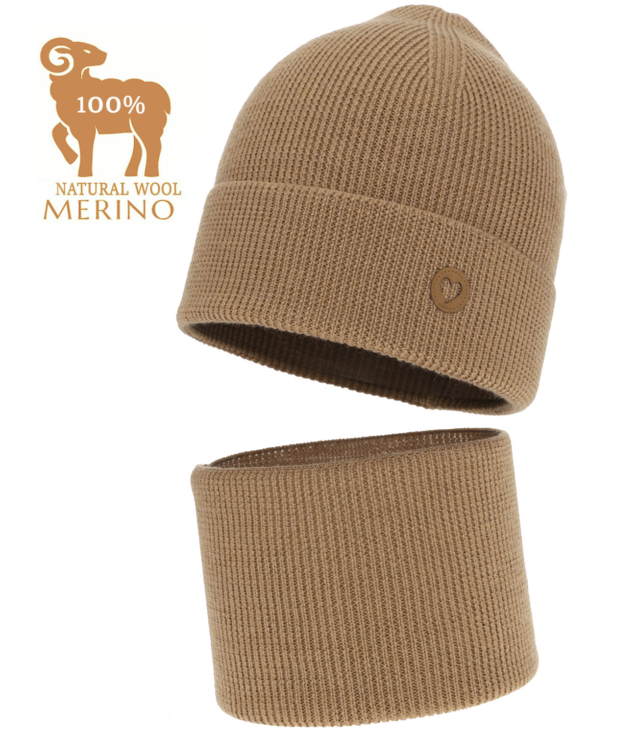 Karmelowy Komplet Wełna Merino Czapka Komin jesień wiosna Prążek r 50-54