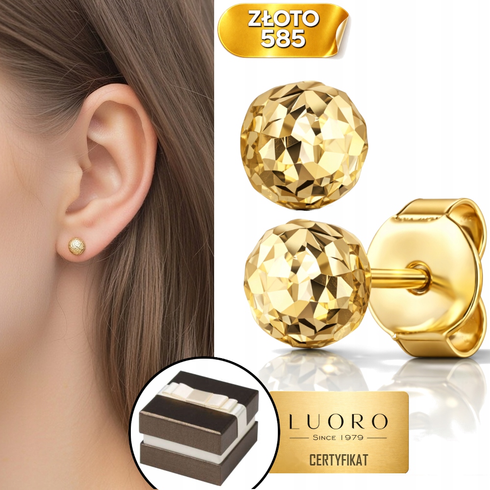 Zlaté Náušnice 585 14K Diamantové Kuličky 7MM Lehký Dárek Krabička