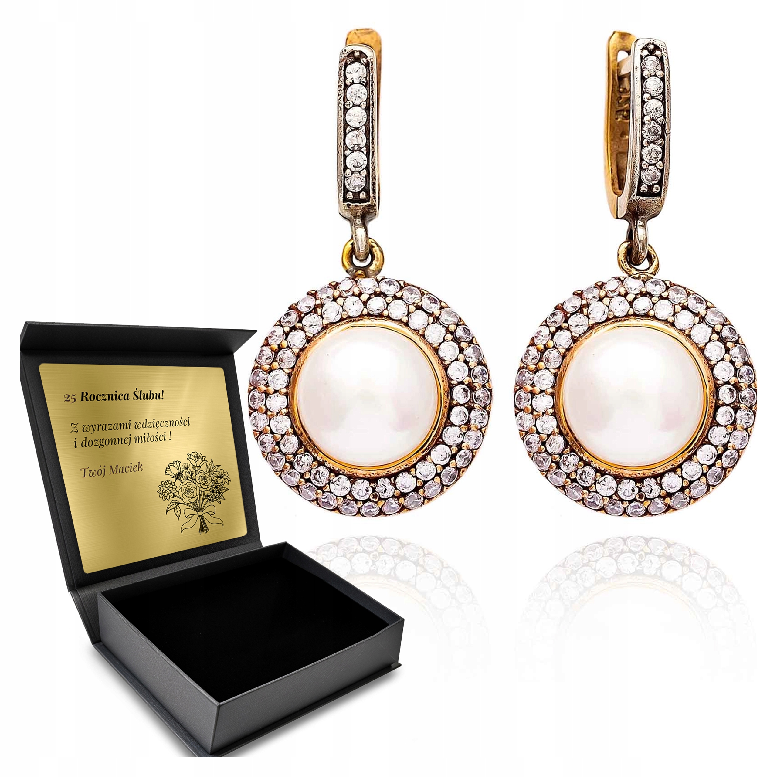 Stříbrné Náušnice 925 Zirkony Perla Dárek pro ženu Gravírování Bonus