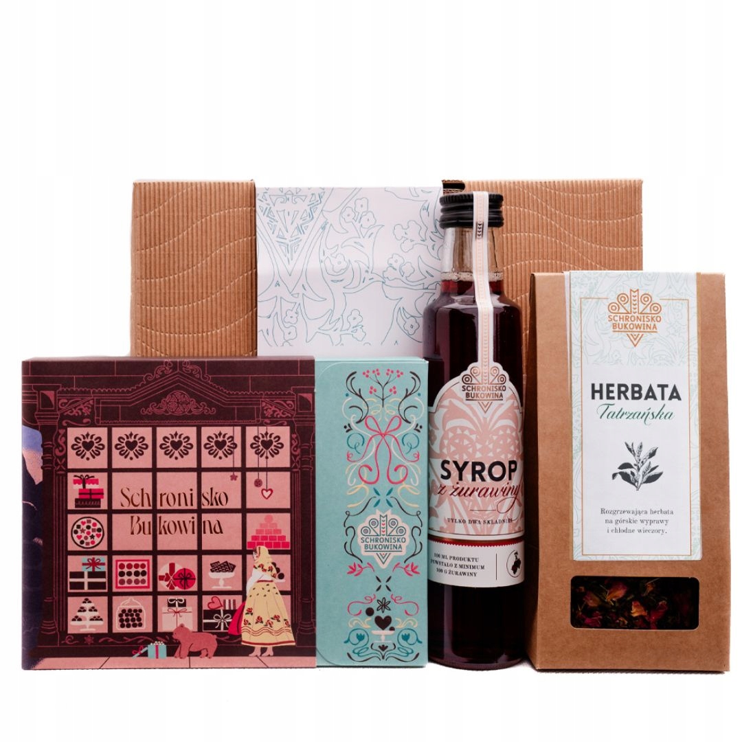 Levně Dárkový koš pro prarodiče Schronisko Bukowina pralinky sirup čaj