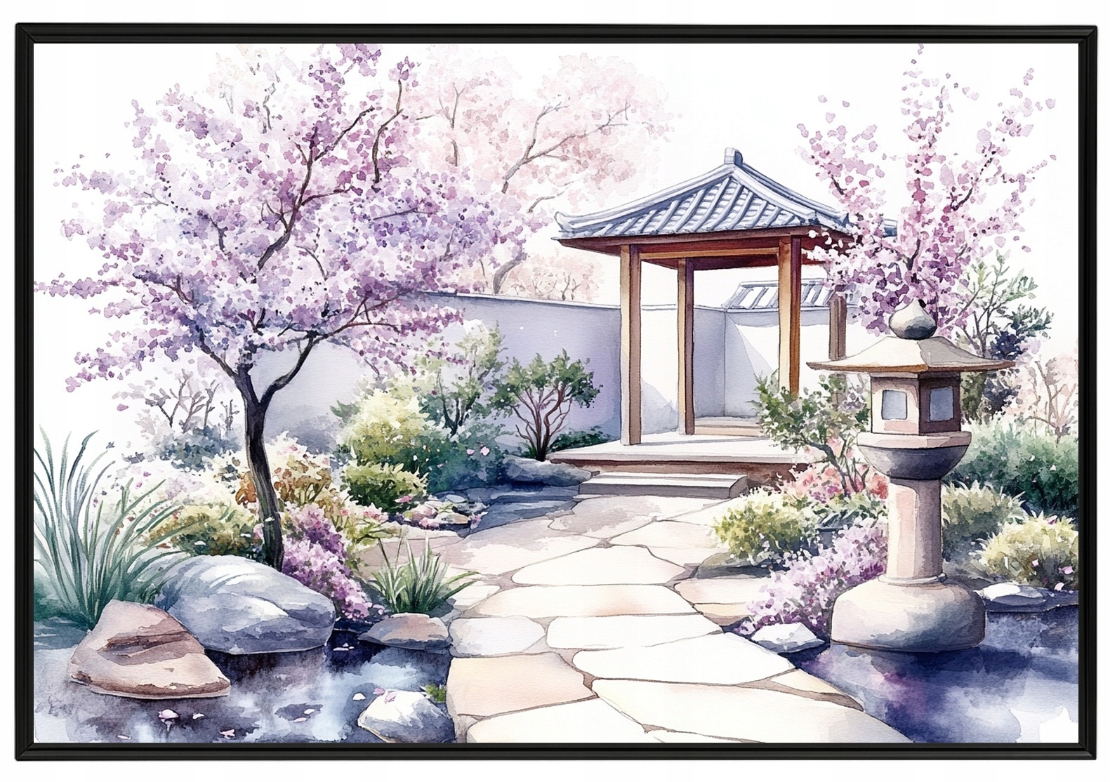 Plakát Rámeček Hliník Akvarel Japonsko Zahrada Višeň Sakura Květiny 93x62