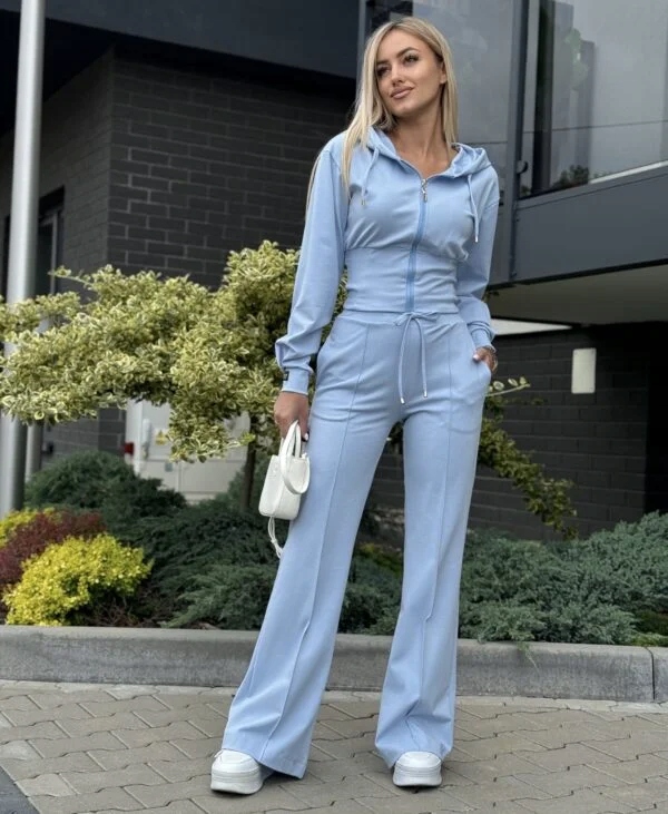 Dámská Tepláková Souprava Korzetová Mikina S Kapucí Kalhoty Wide Leg Světle Modrá S