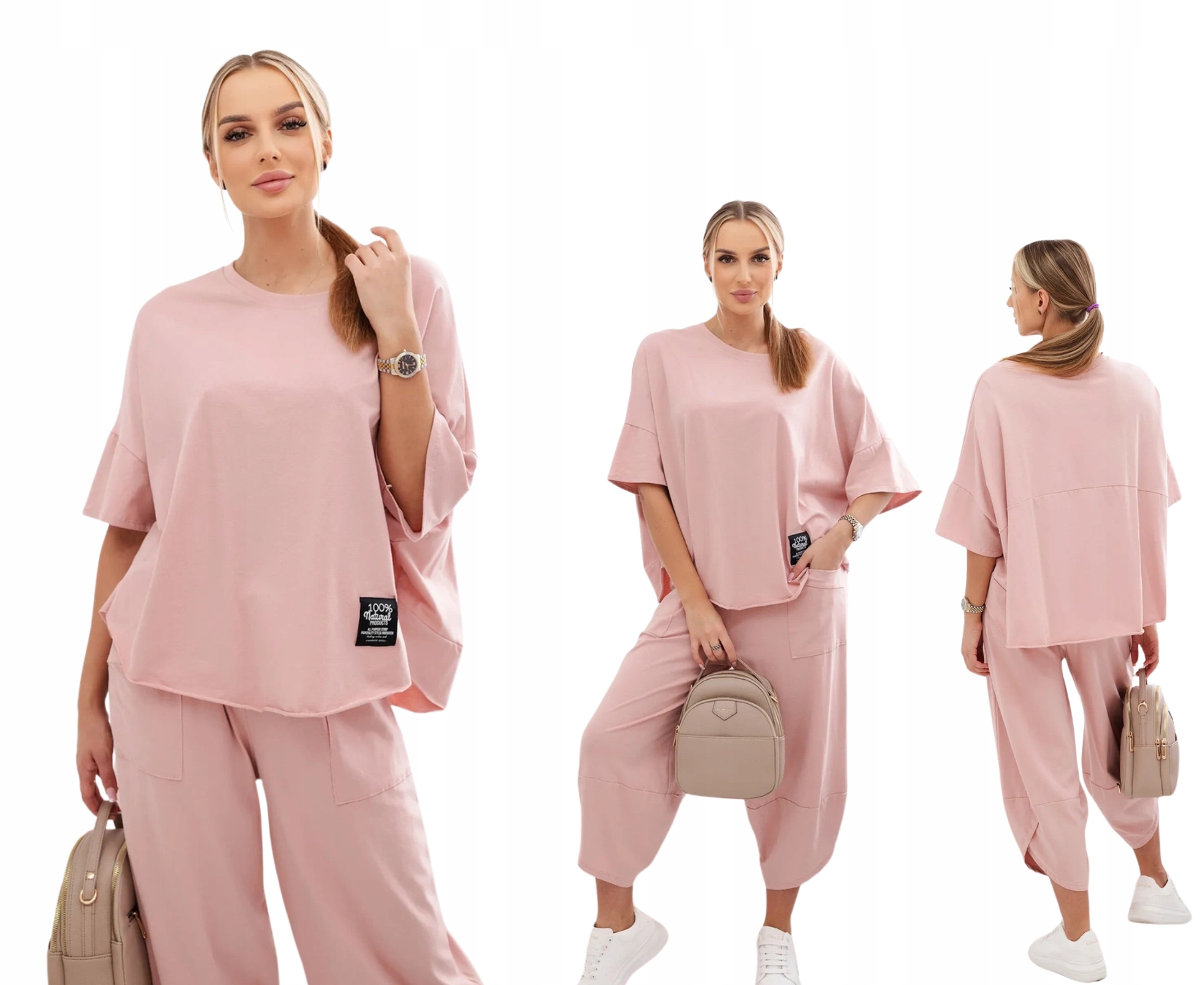 Tmavě pudrová růžová bavlněná souprava: oversize halenka a kalhoty