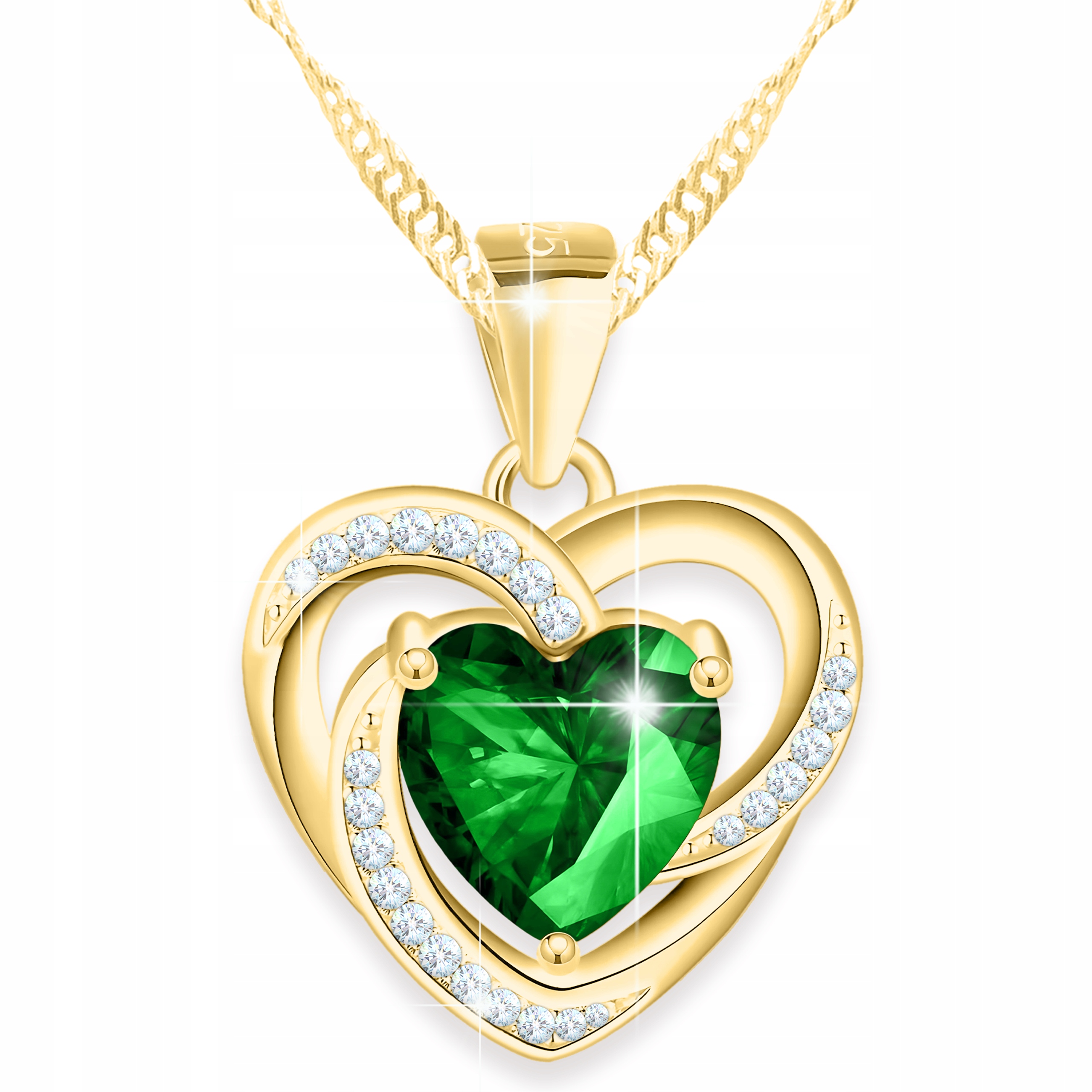Zlatý Náhrdelník se Zeleným Srdcem Velké Zelené Srdce Srdíčko Stříbro 925