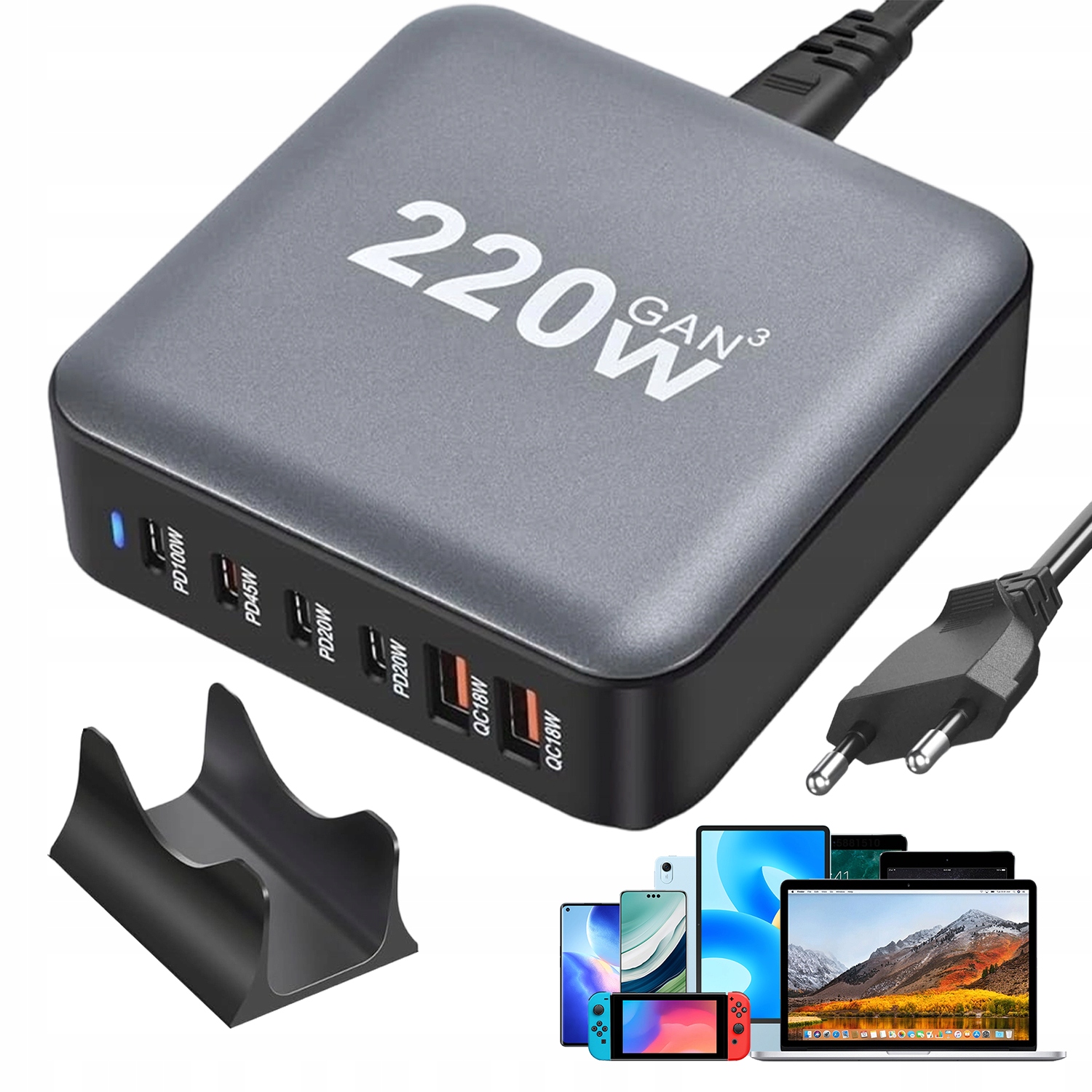 Ładowarka Gan 220W 4XUSB-C 2XUSB-A Szybkie Ładowanie Do Laptop Tablet