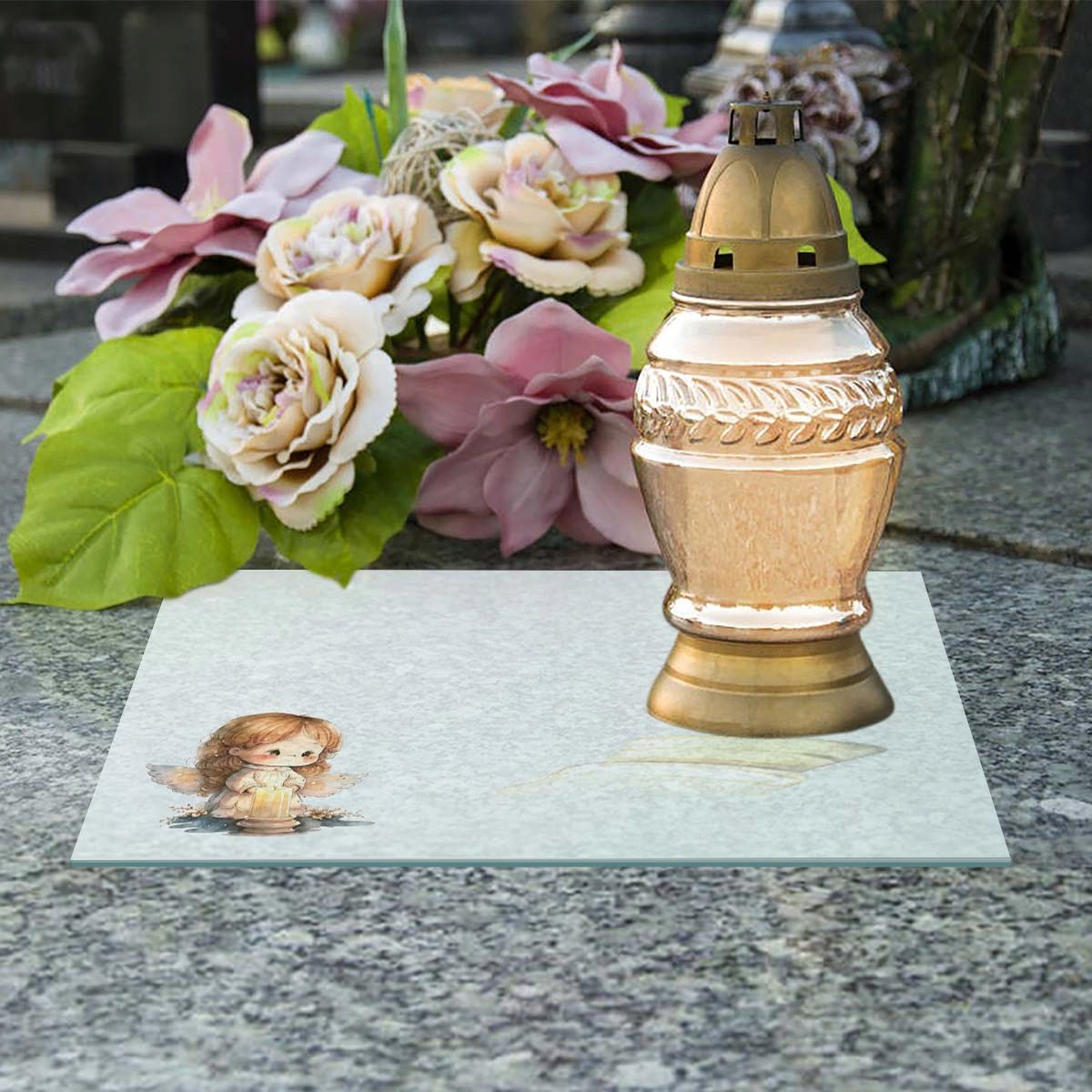 SZKLANA PODSTAWKA POD ZNICZE 25x25cm 555d Aniołek Szerokość produktu 25 cm