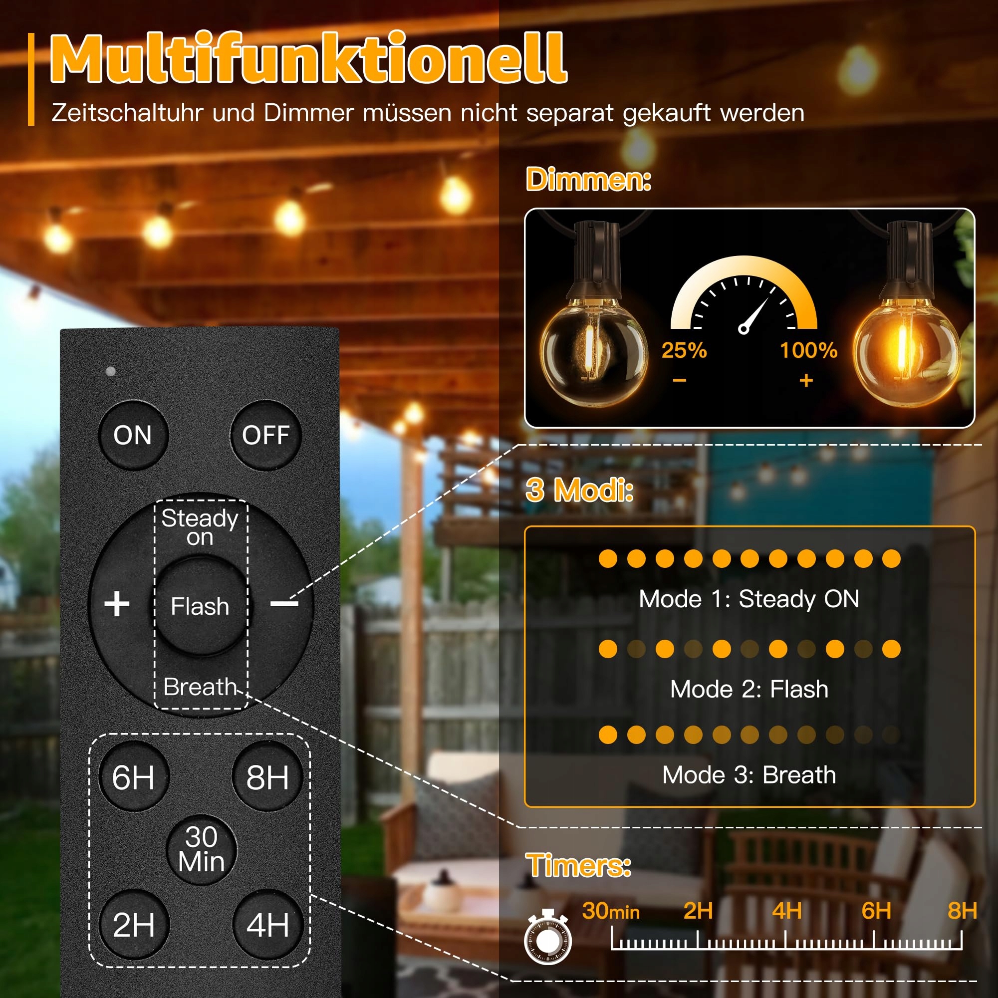 OLLNY Solarna Girlanda Zewnętrzna 10M 17 LED Pilot IP65 Ogród Balkon Party — miniatura 5