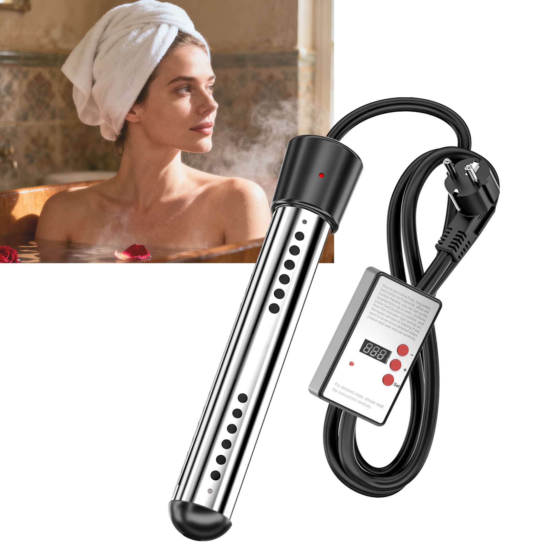 Ponorný ohřívač 3000 W s časovačem – do bazénu, vany a nádrží s vodou