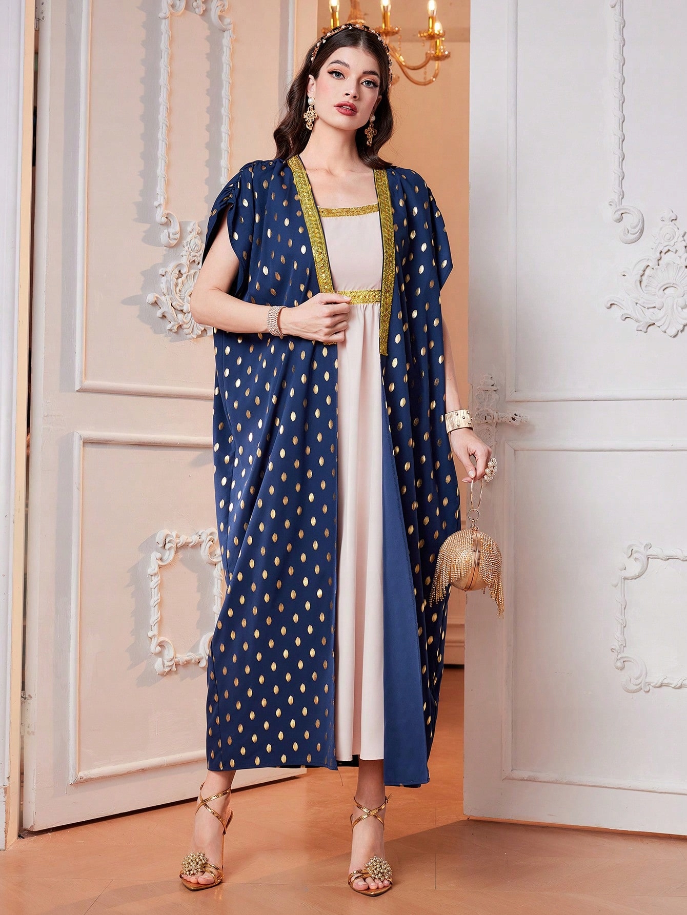 Komplet V Arabském Stylu Maxi Modrý, Elegantní Večerní, Zlaté Detaily