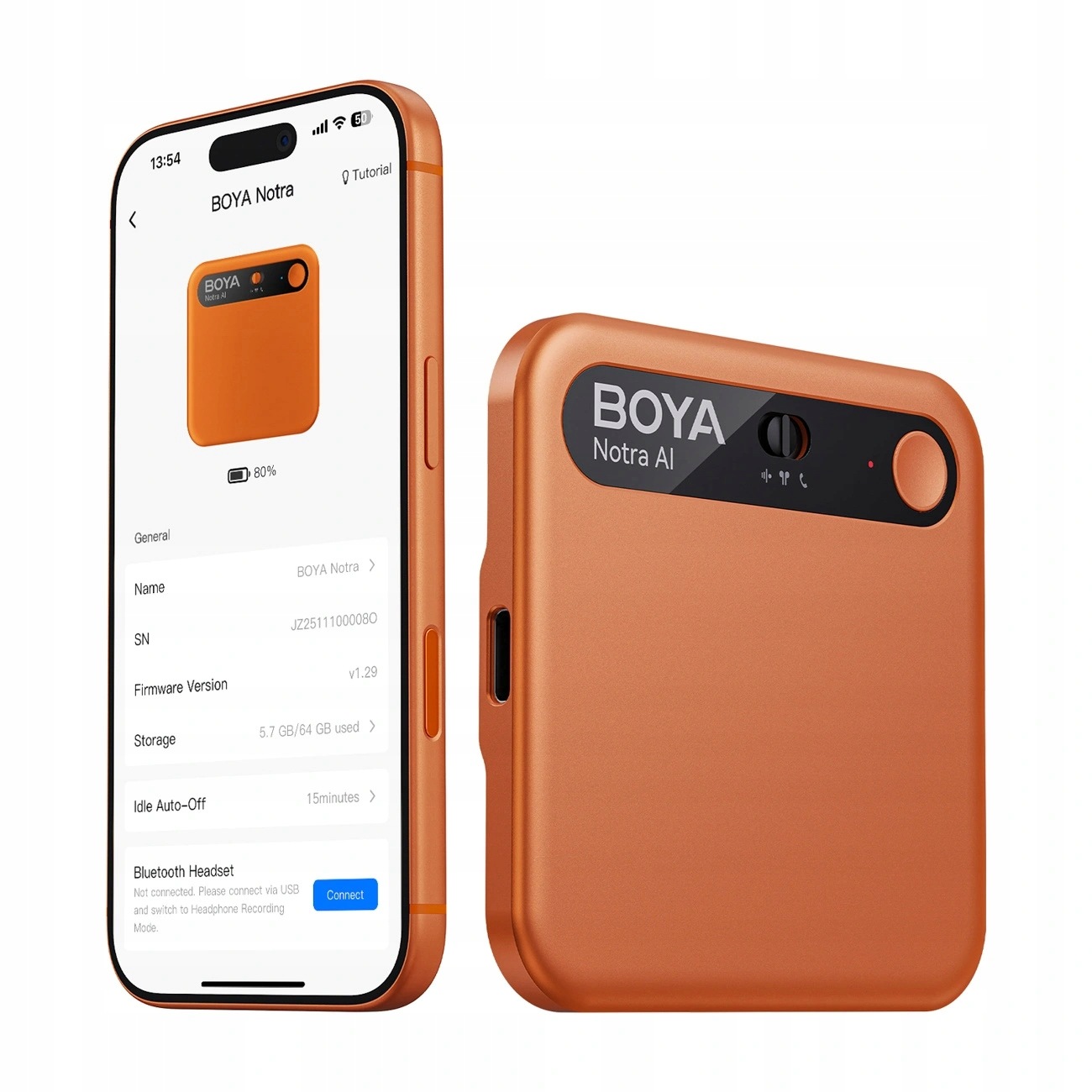 Rejestrator Głosu Boya Notra Ai Bluetooth Usb C 64 Gb Pomarańczowy