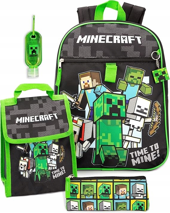 Zestaw XL Szkolny Minecraft 5W1 Plecak Śniadaniówka Piórnik Brelok Dozownik