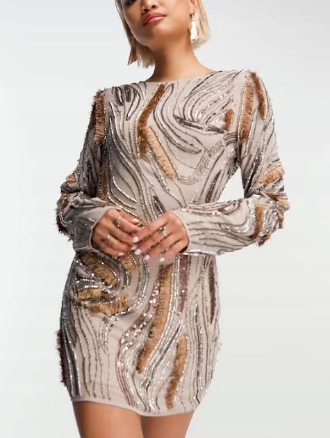 Zdobené Flitrové Šaty Koktejlové Střapce Korálky Design 40 L