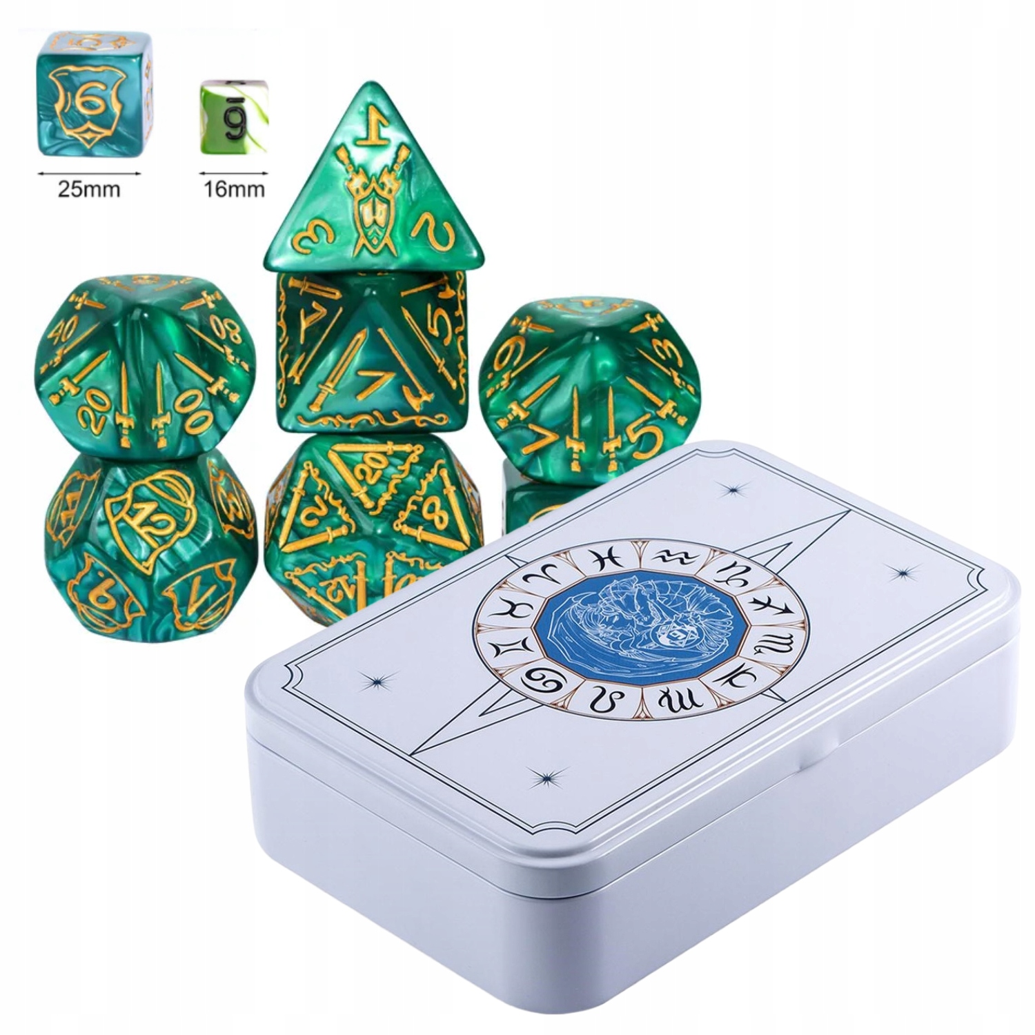 WOJOWNIK ZIEMI ZESTAW 7 EPOKSYDOWYCH KOSTEK RPG + METALOWE ETUI