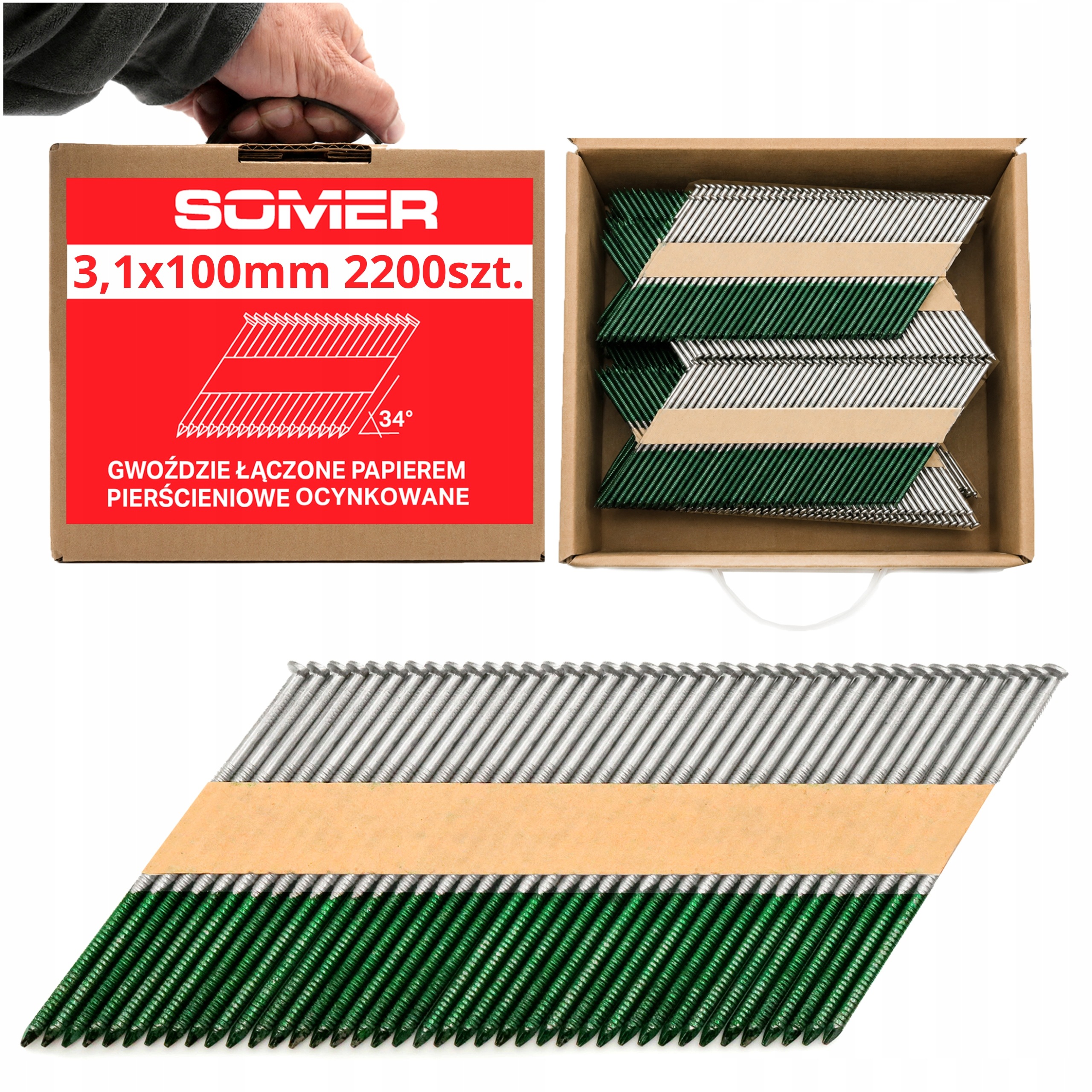 Hřebíky spojené papírem 34° kroužkové Pozink 100 mm, 3,1 mm, 2200