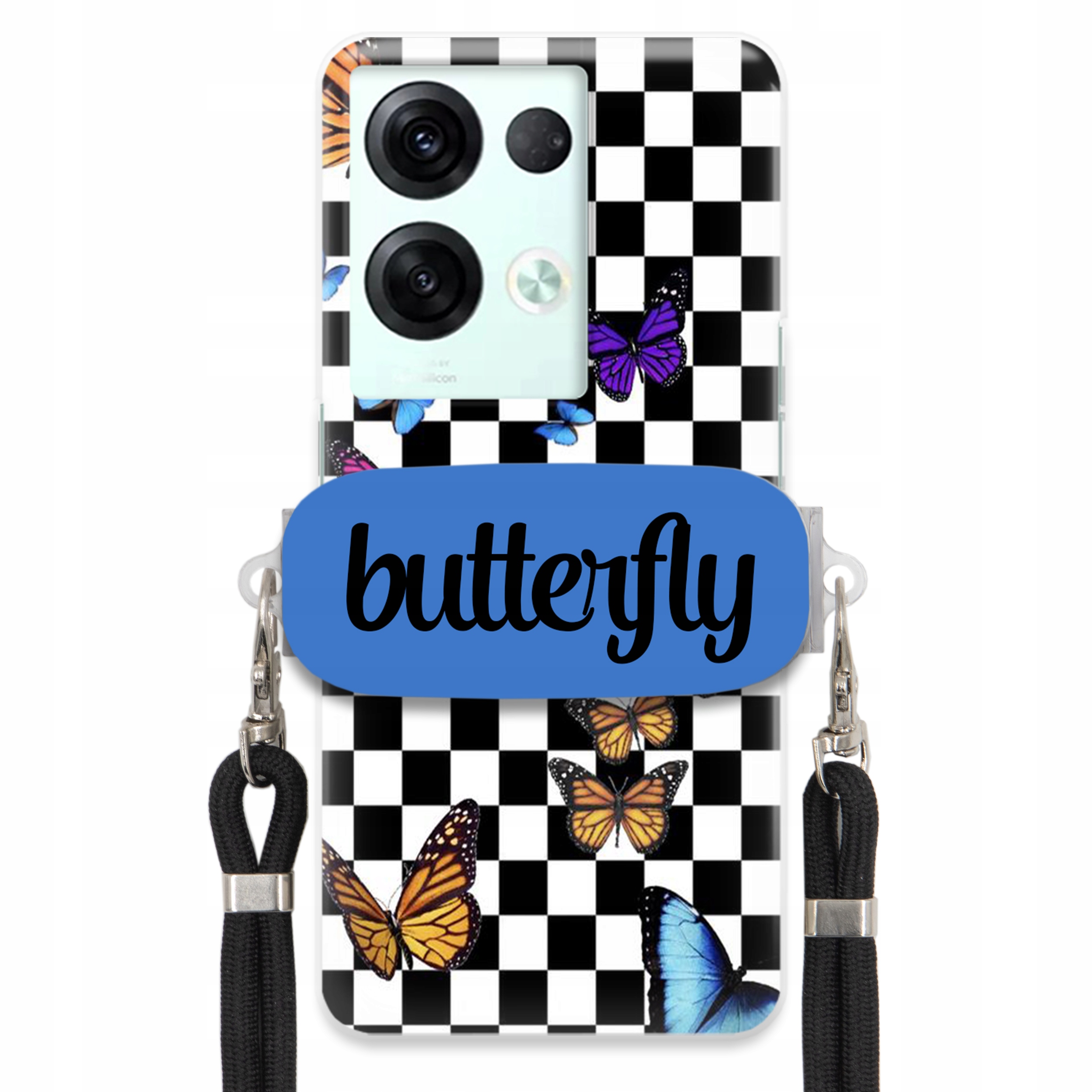 Puzdro Pre Oppo Reno 8 Case, Obdĺžnikový Držiak, Čierne Vodítko, Butterfly Motýle
