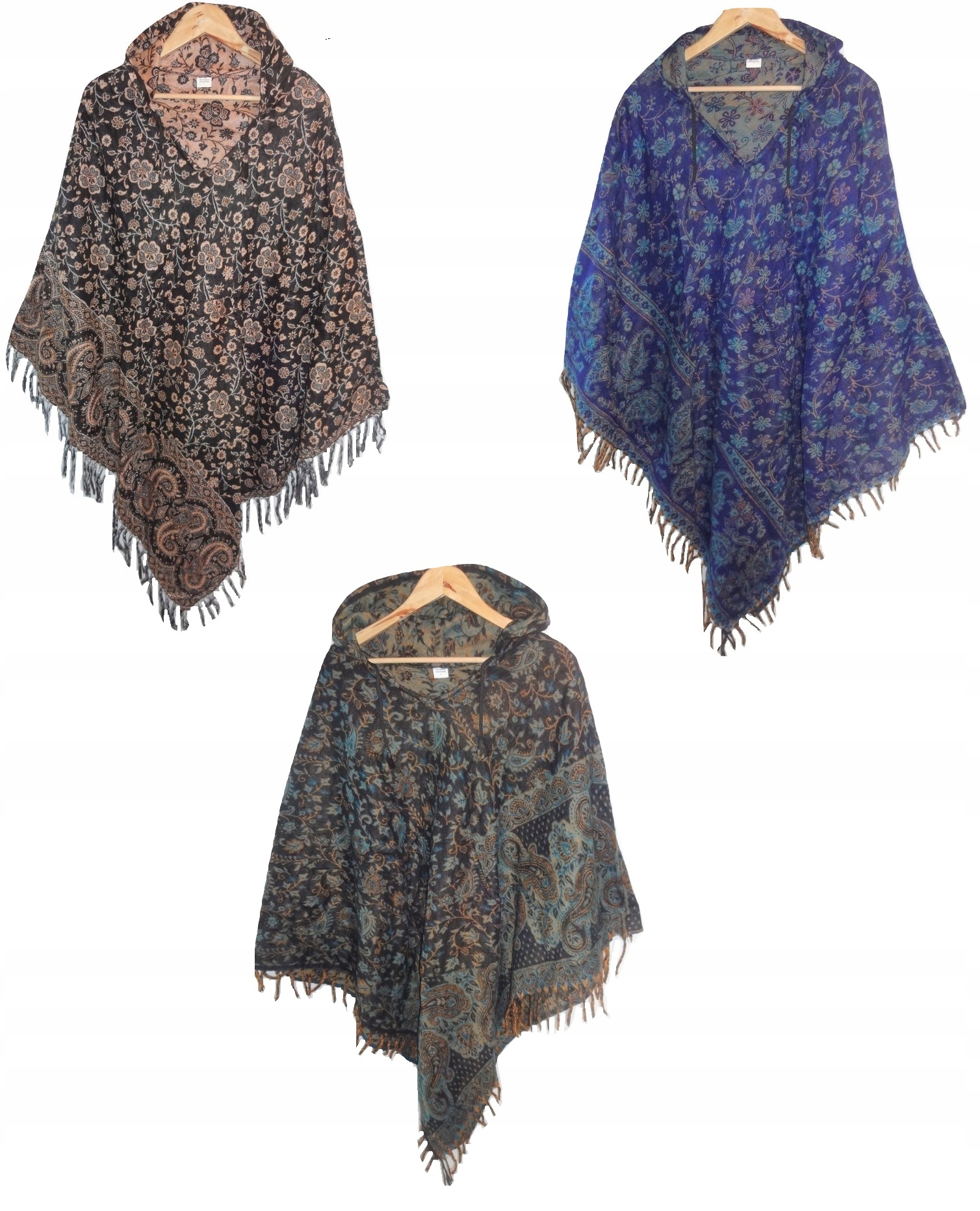 

Ponczo boho orientalne indyjskie z kapturem wzory