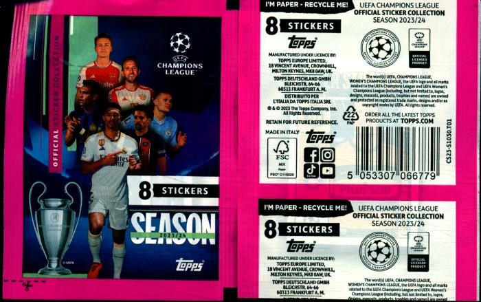 UEFA CHAMPIONS LEAGUE LIGA MISTRZÓW 2023/2024 8 NAKLEJEK NOWE 1 SASZETKA