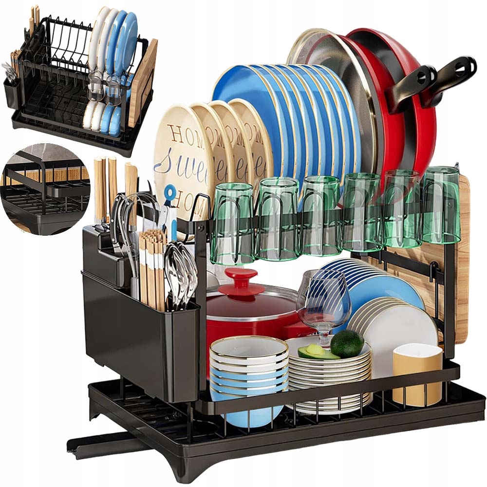 Odkapávač Na Nádobí Stojící dvouúrovňová černá Velký Odkapávač Na Nádobí