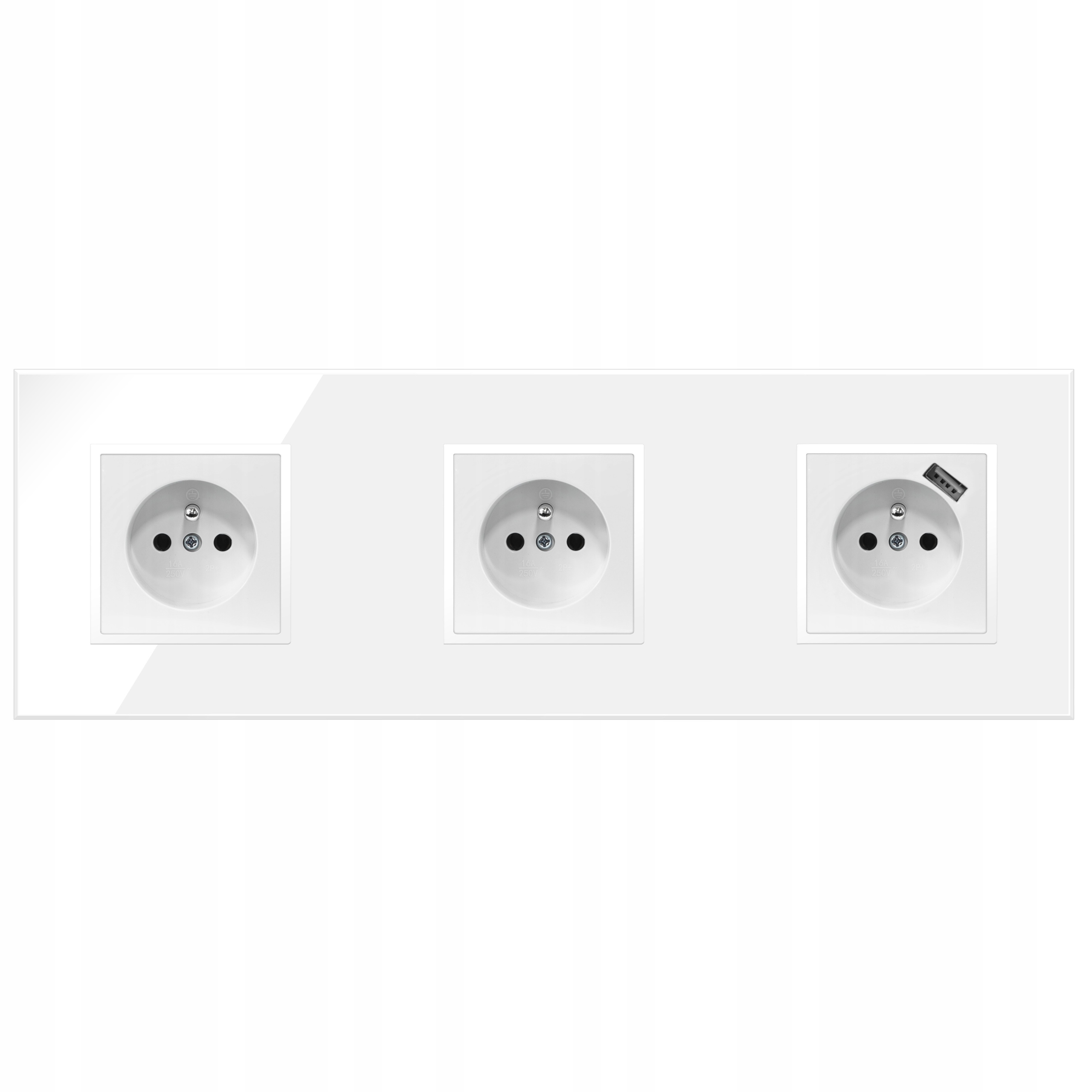 Gniazdko Potrójne Białe Szklane Z Bolcem Kontakt Z Ładowarką Usb Typ A