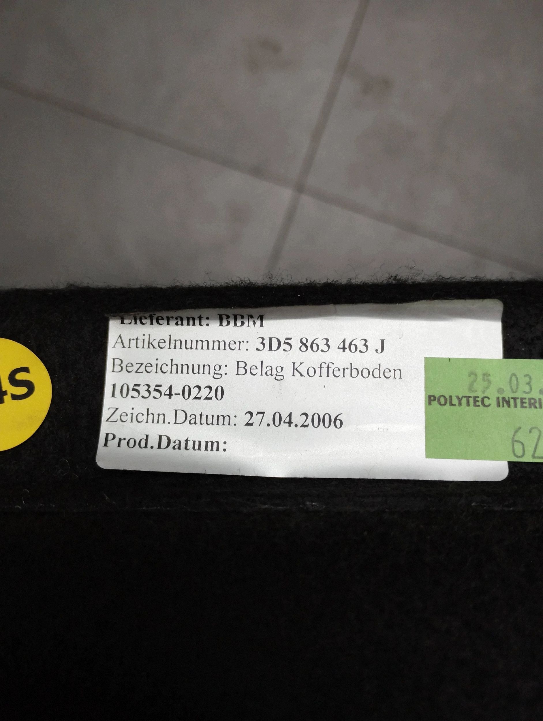 Volkswagen Phaeton mats boot 3D5863463J