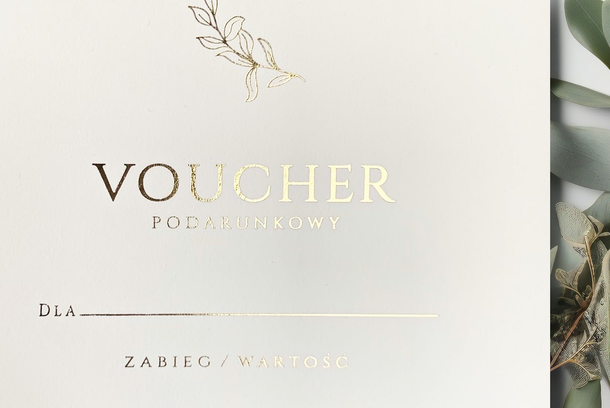 VOUCHER BON GOTOWY PROJEKT ZŁOTY HOTSTAMPING REALIZACJA 48H 10 szt Wysokość produktu 14.5 cm