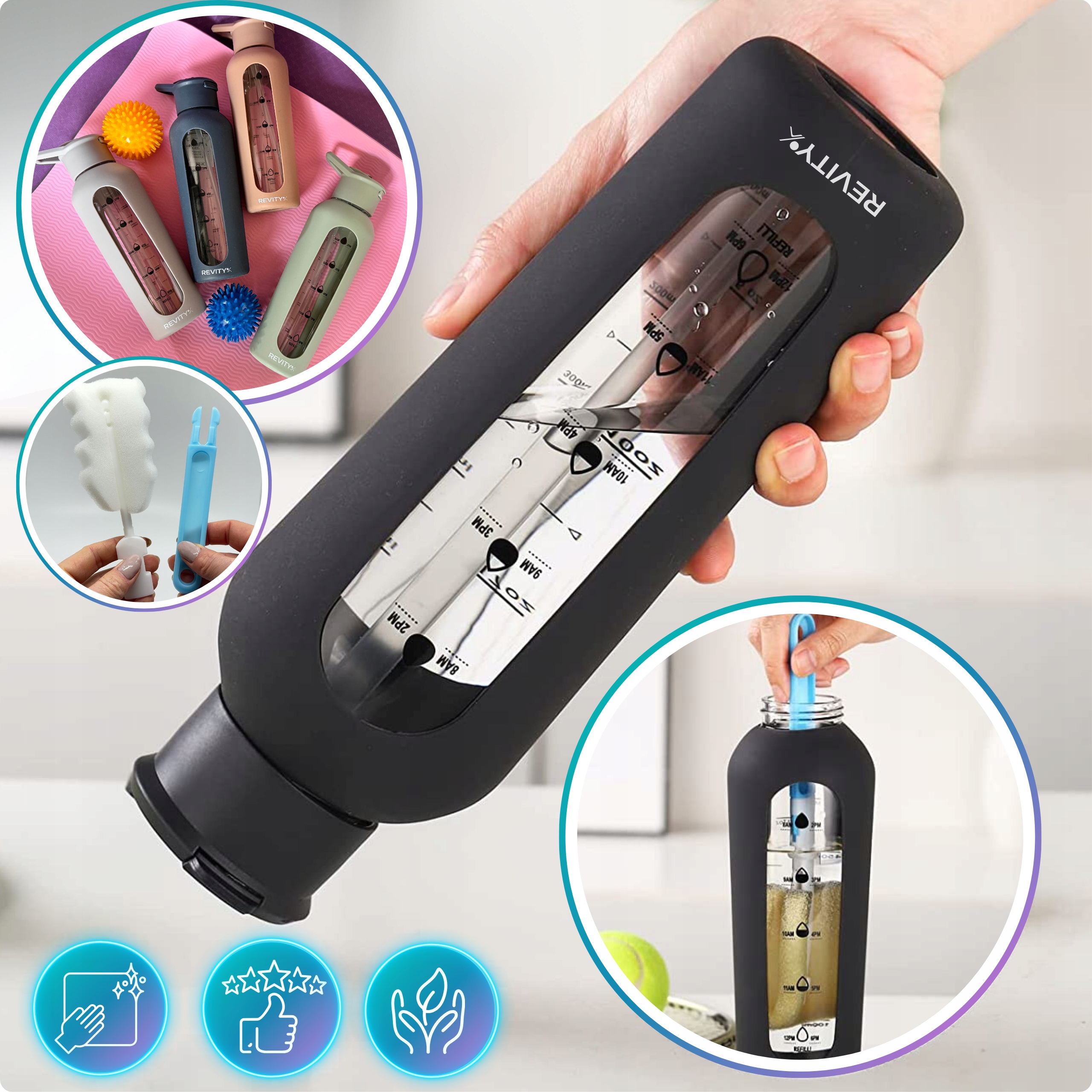 SZKLANA BUTELKA NA WODĘ MOTYWACYJNA WIELORAZOWA TRWAŁA SZCZELNA ZE SŁOMKĄ Marka Revity