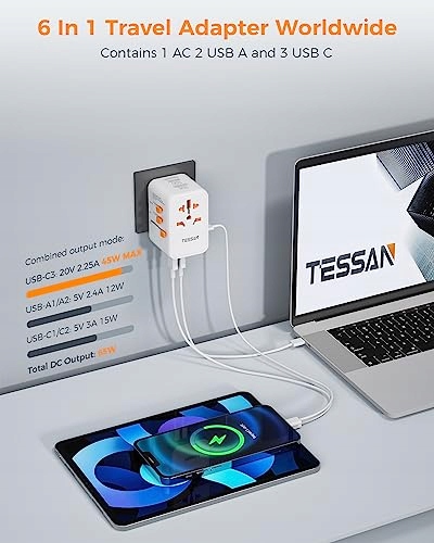 TESSAN Adapter Podróżny 65W GaN Szybkie Ładowanie USB i USB C Uniwersalny — miniatura 3